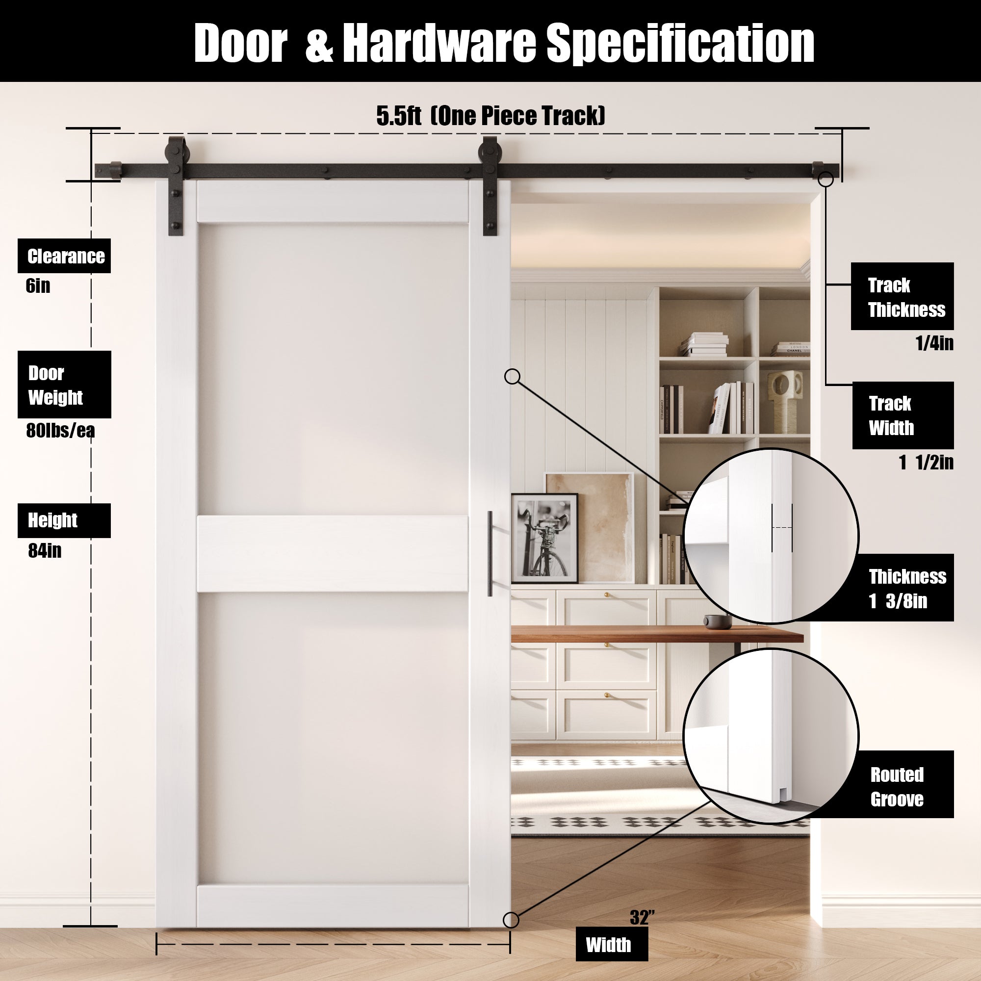 84" Height White 2-Lite Frosted Glass Unassembled & Finished Pine Wood Barn Door with Non-Bypass Installation Hardware Kit (Interior Use Only)
