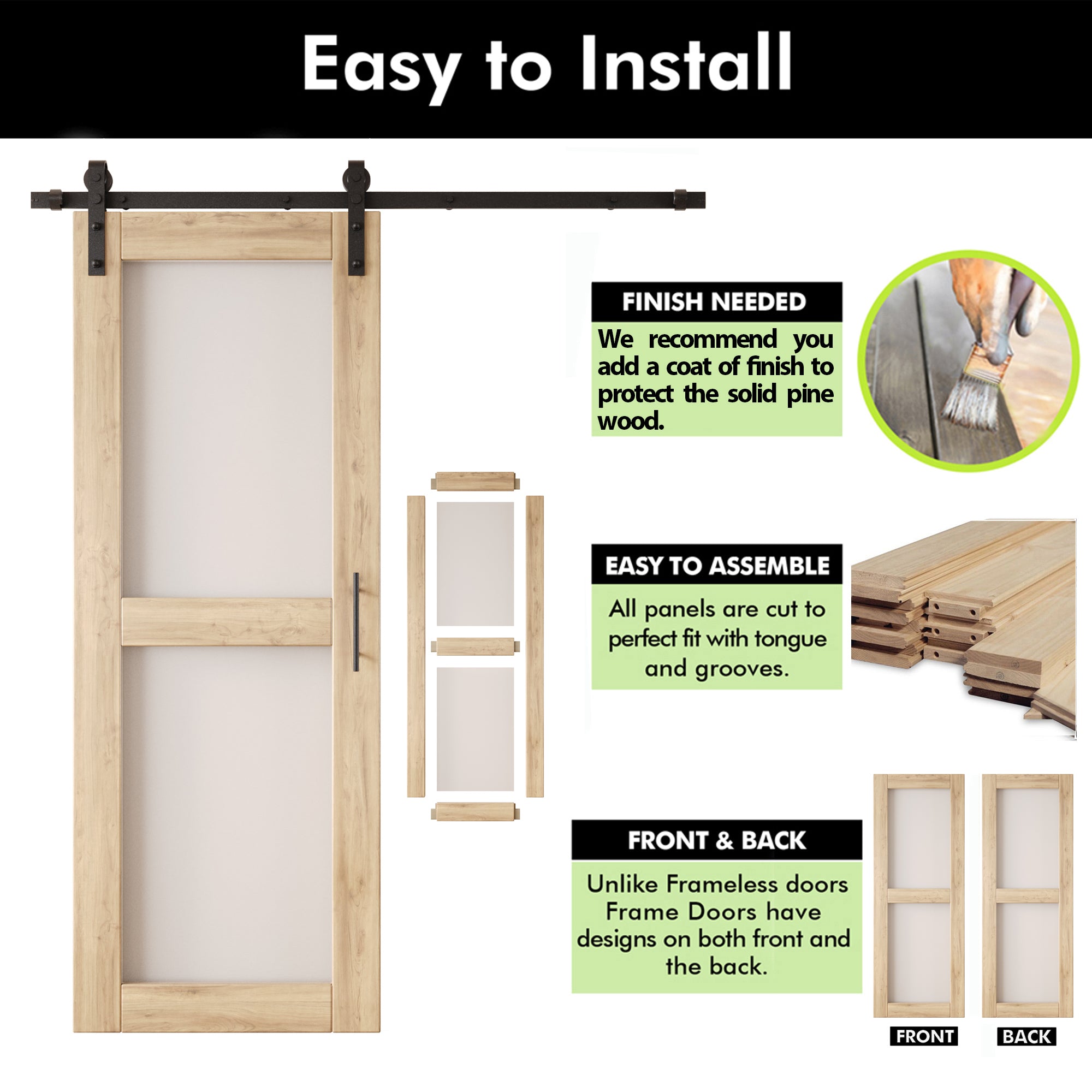 80" Height 2-Lite Frosted Glass Unassembled & Unfinished Pine Wood Barn Door with Non-Bypass Installation Hardware Kit (Interior Use Only)