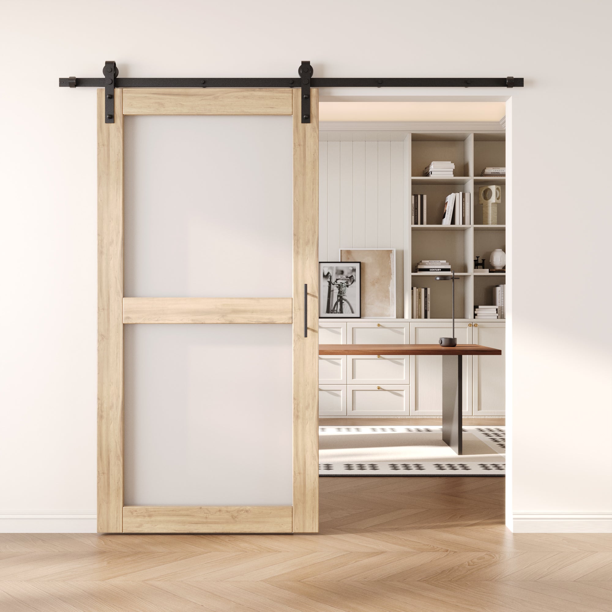 80" Height 2-Lite Frosted Glass Unassembled & Unfinished Pine Wood Barn Door with Non-Bypass Installation Hardware Kit (Interior Use Only)