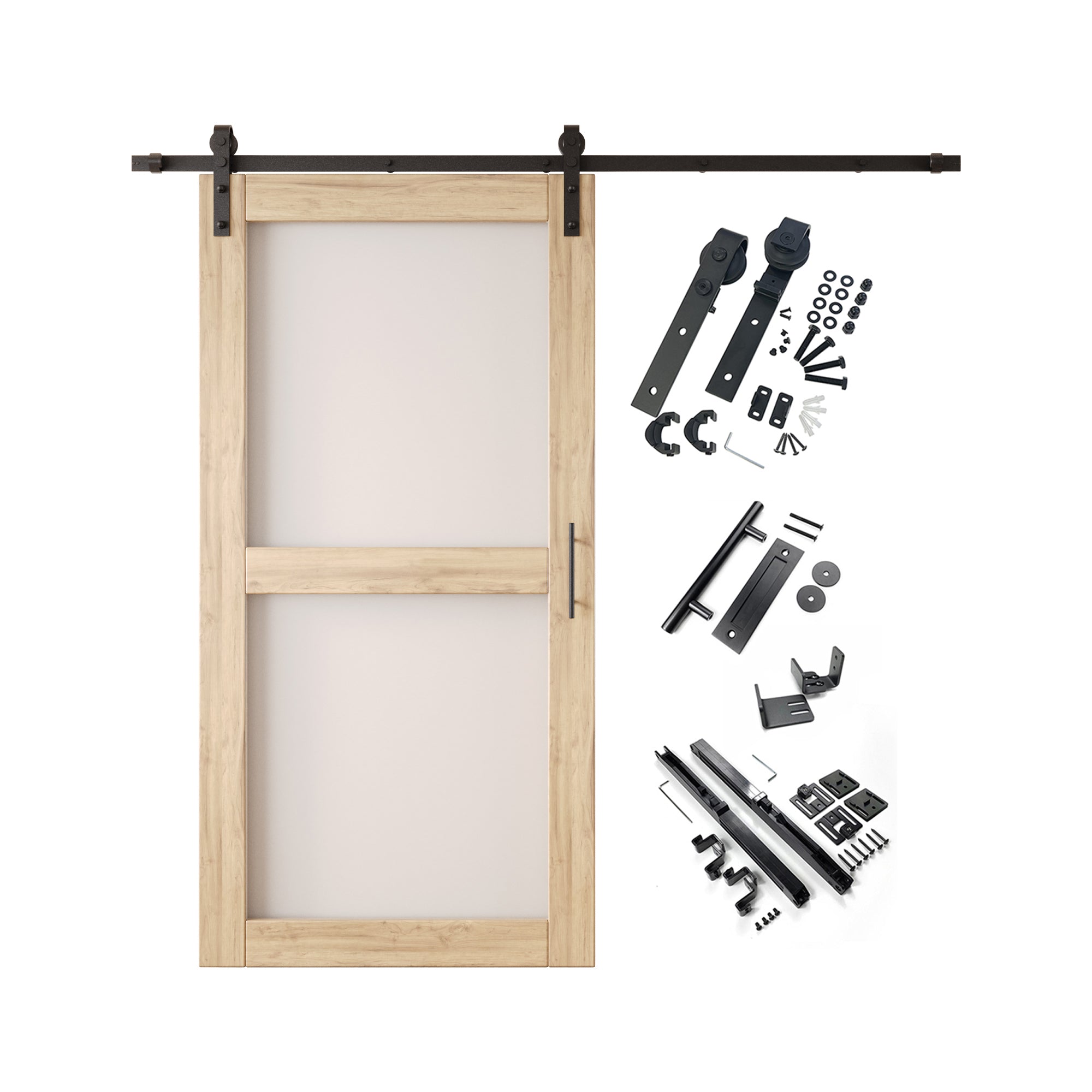 80" Height 2-Lite Frosted Glass Unassembled & Unfinished Pine Wood Barn Door with Non-Bypass Installation Hardware Kit (Interior Use Only)