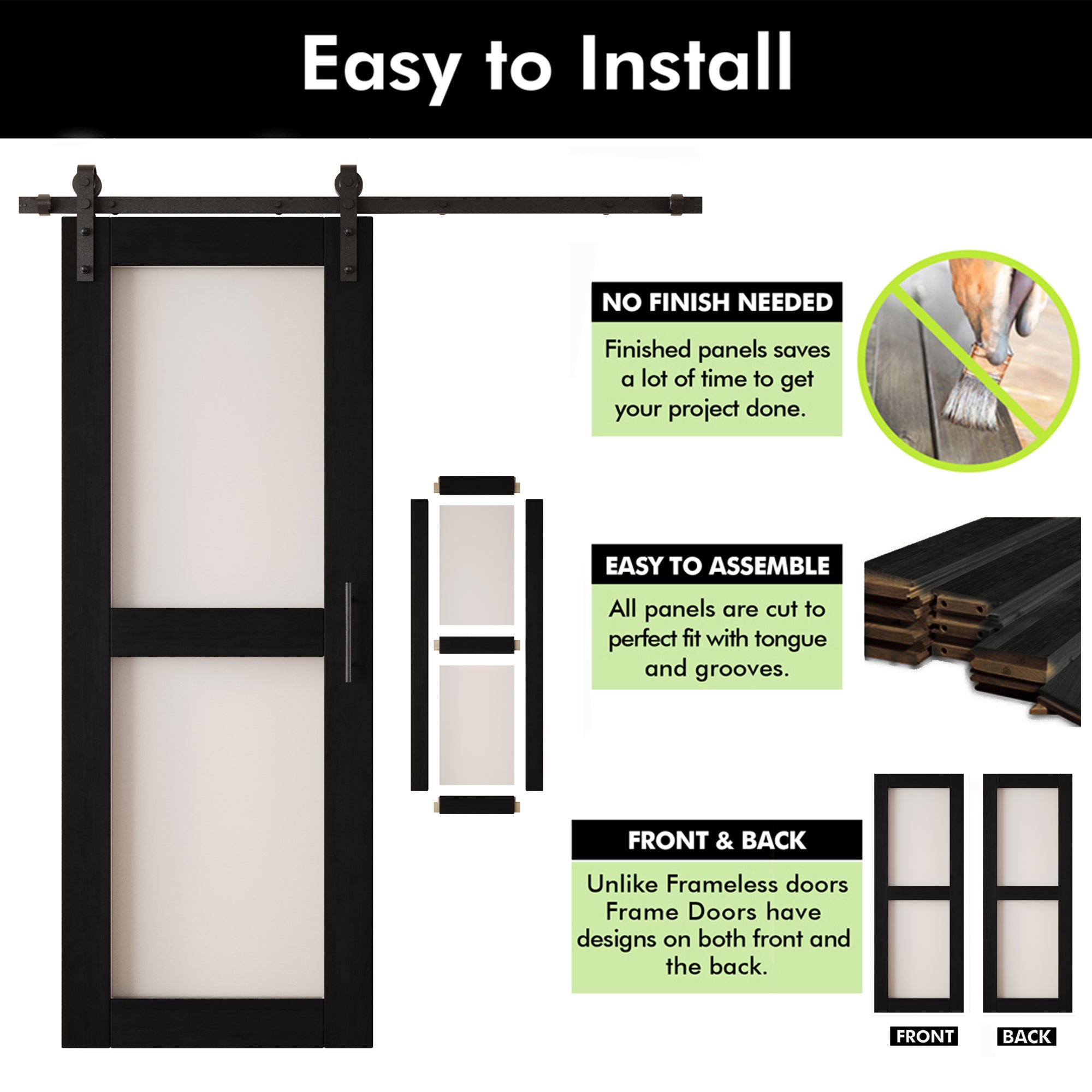 80" Height Black 2-Lite Frosted Glass Unassembled & Finished Pine Wood Barn Door with Non-Bypass Installation Hardware Kit (Interior Use Only)