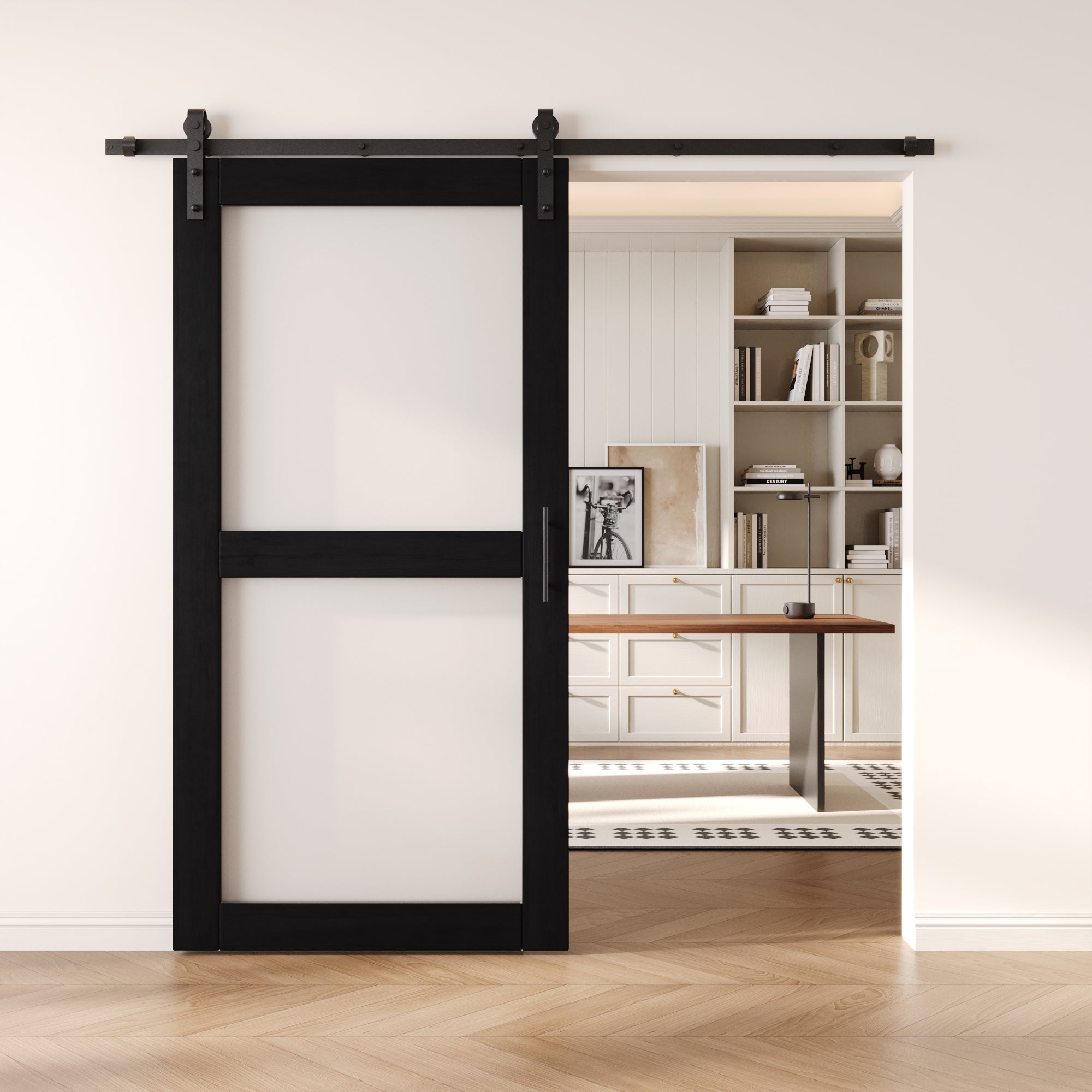 80" Height Black 2-Lite Frosted Glass Unassembled & Finished Pine Wood Barn Door with Non-Bypass Installation Hardware Kit (Interior Use Only)