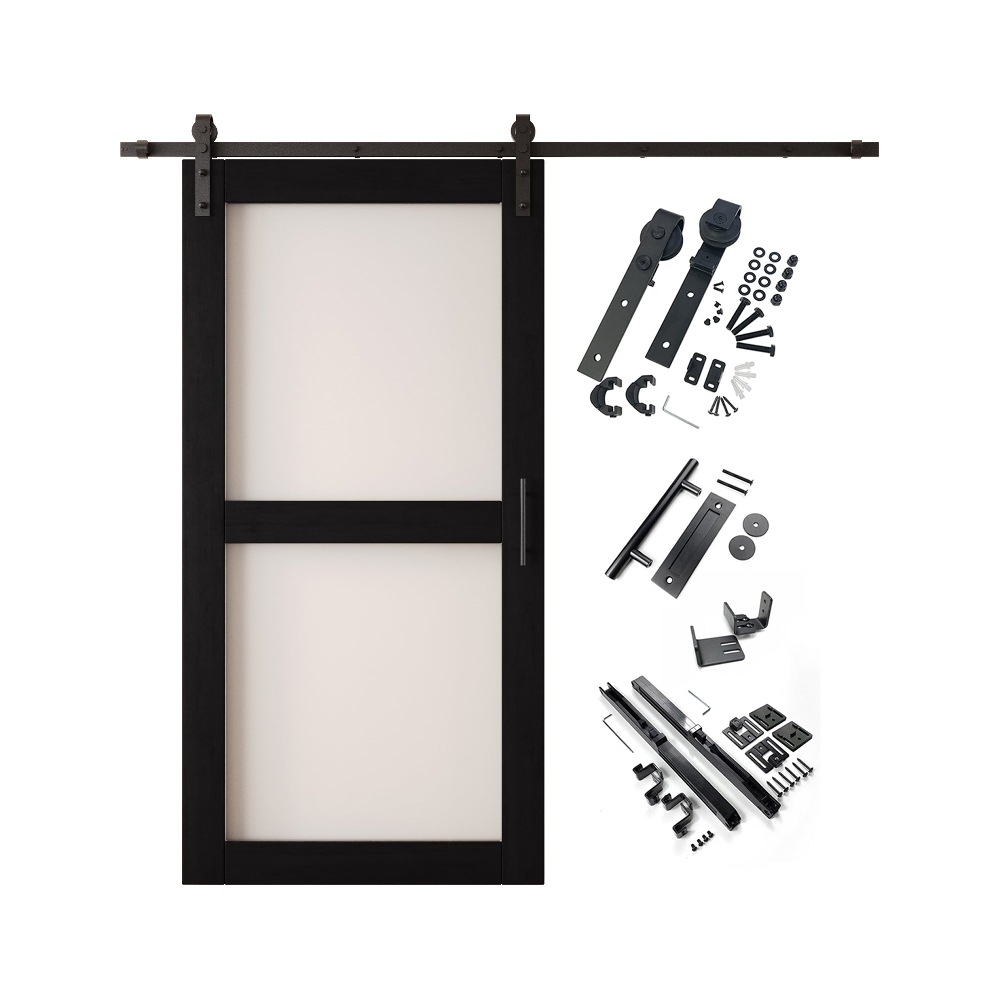 80" Height Black 2-Lite Frosted Glass Unassembled & Finished Pine Wood Barn Door with Non-Bypass Installation Hardware Kit (Interior Use Only)