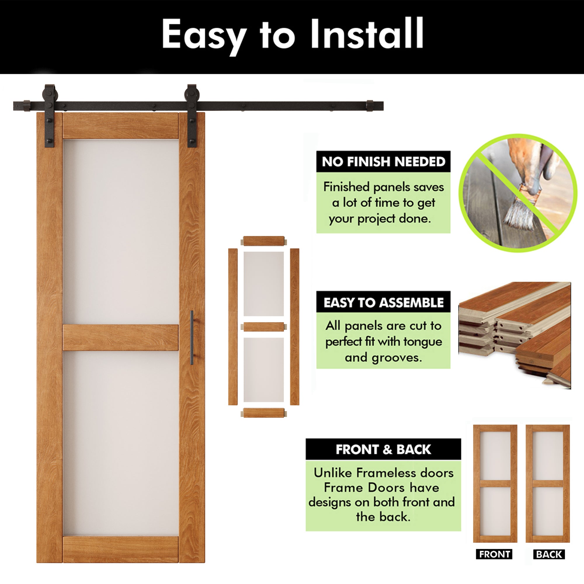 80" Height Early American 2-Lite Frosted Glass Unassembled & Finished Pine Wood Barn Door with Non-Bypass Installation Hardware Kit (Interior Use Only)