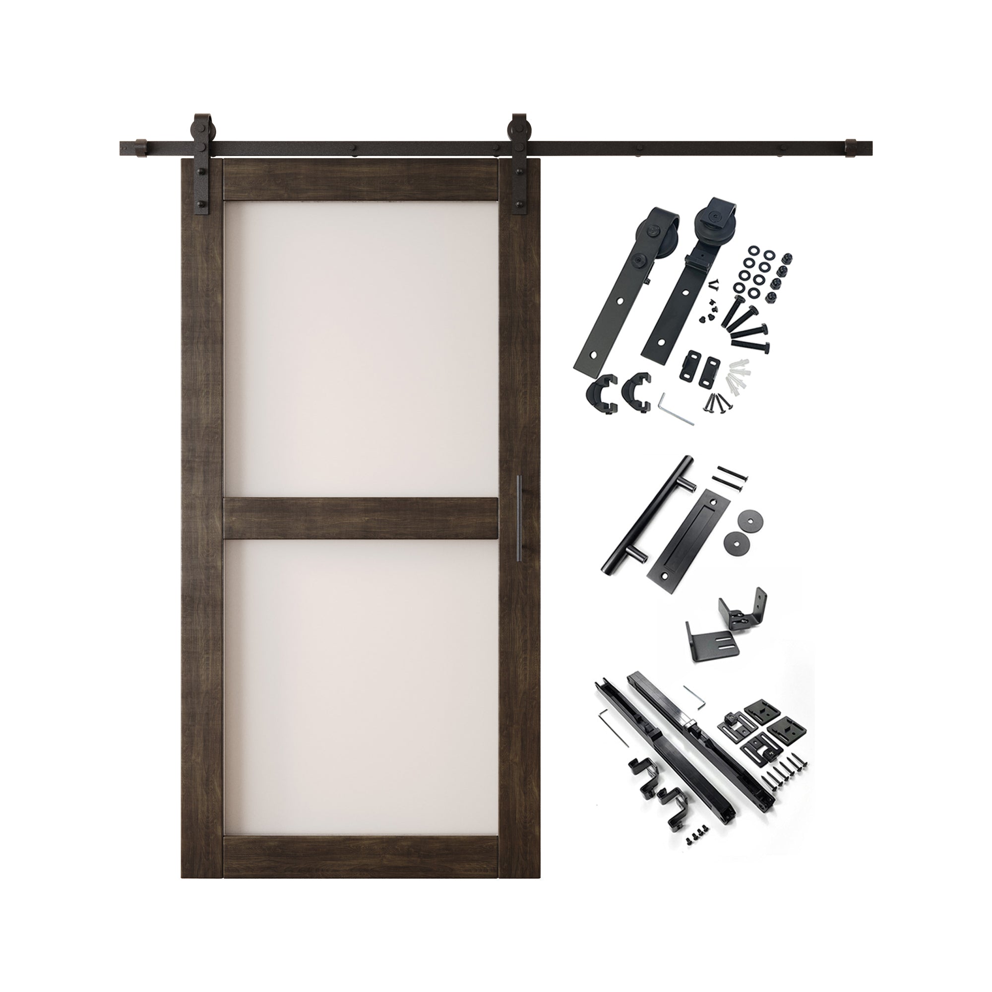 80" Height Ebony 2-Lite Frosted Glass Unassembled & Finished Pine Wood Barn Door with Non-Bypass Installation Hardware Kit (Interior Use Only)