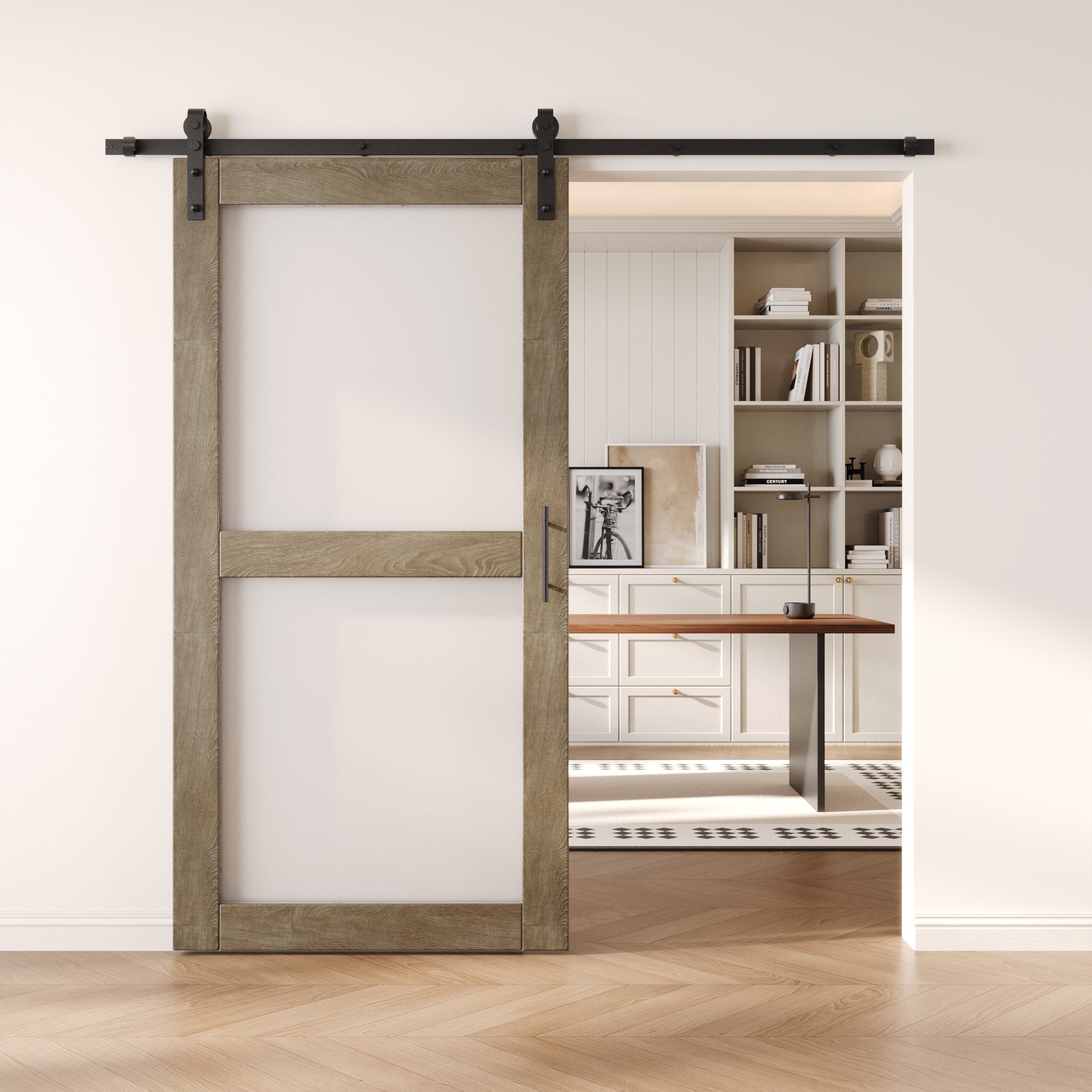 80" Height Classic Gray 2-Lite Frosted Glass Unassembled & Finished Pine Wood Barn Door with Non-Bypass Installation Hardware Kit (Interior Use Only)