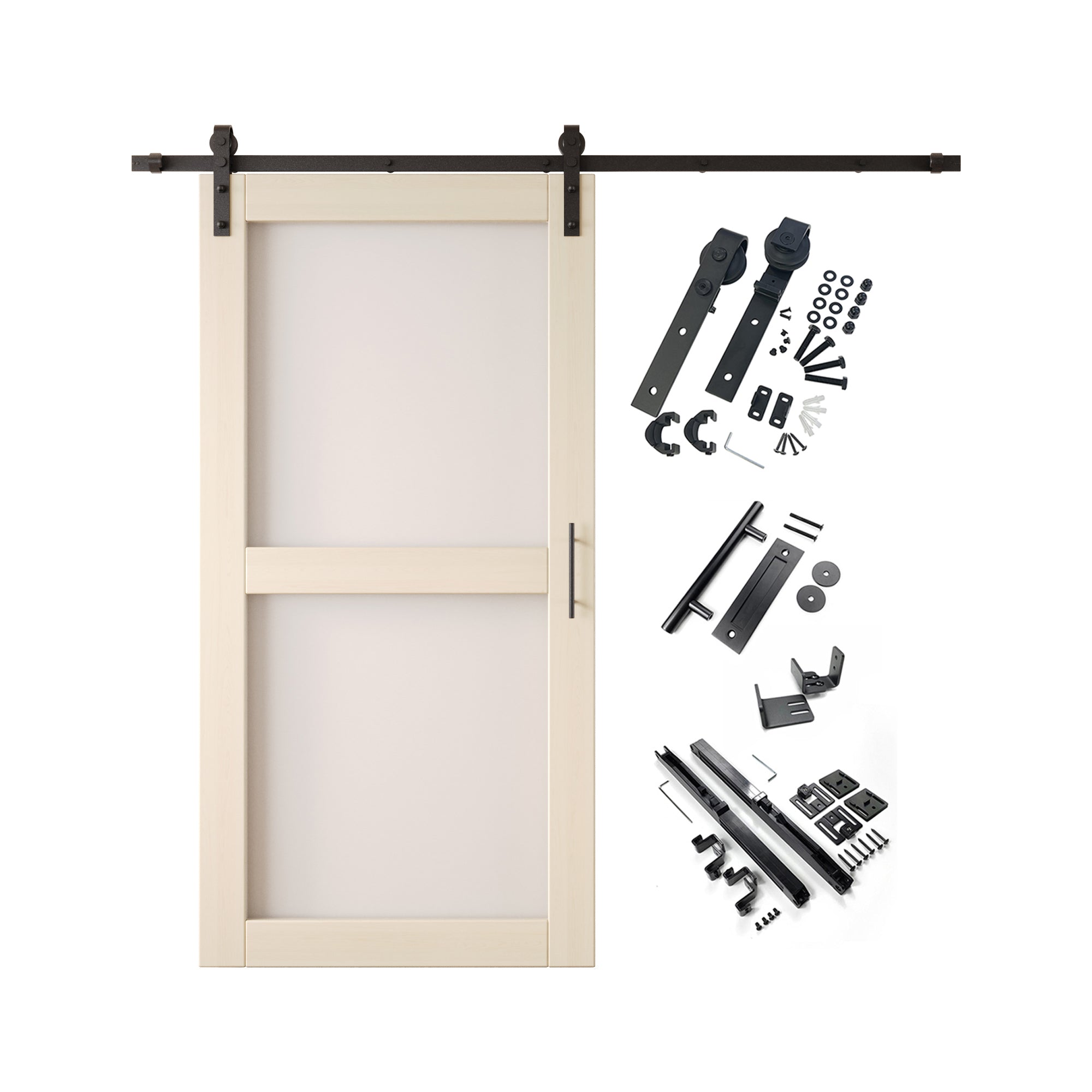 80" Height Tinsmith Gray 2-Lite Frosted Glass Unassembled & Finished Pine Wood Barn Door with Non-Bypass Installation Hardware Kit (Interior Use Only)