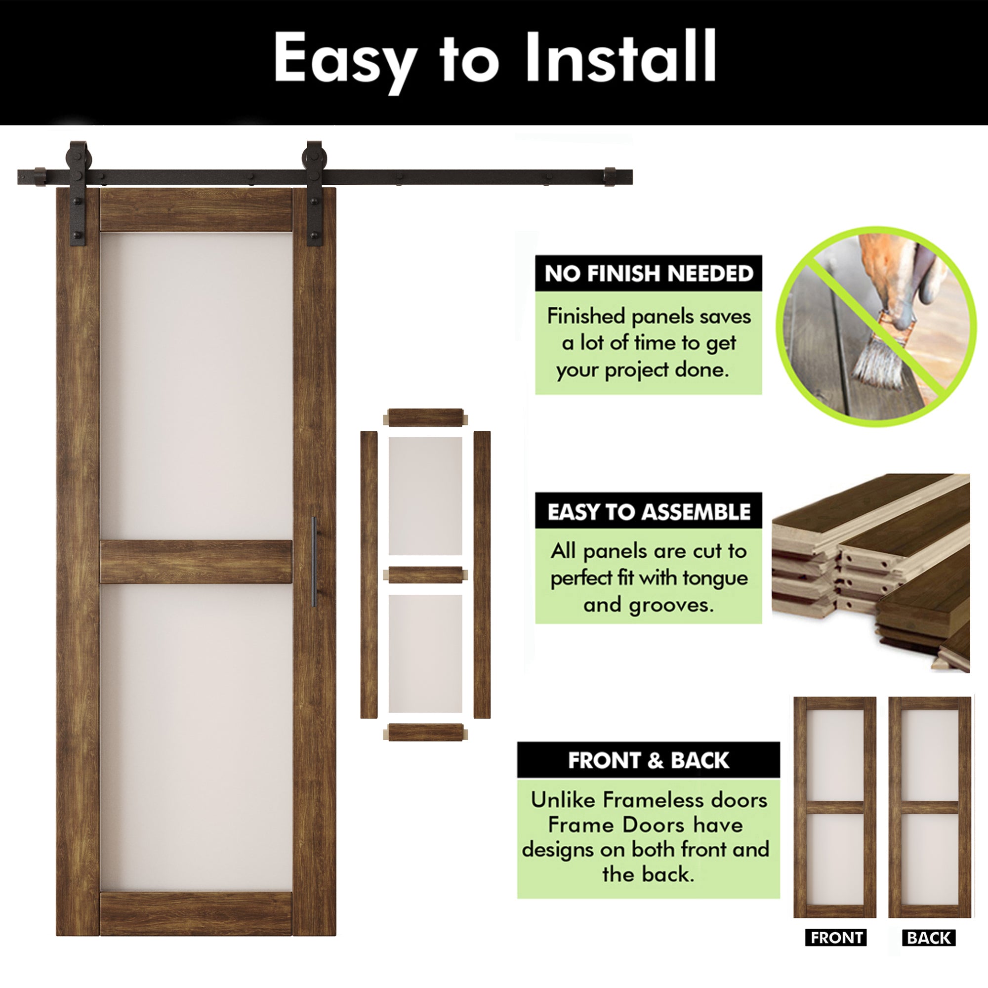 80" Height Dark Walnut 2-Lite Frosted Glass Unassembled & Finished Pine Wood Barn Door with Non-Bypass Installation Hardware Kit (Interior Use Only)