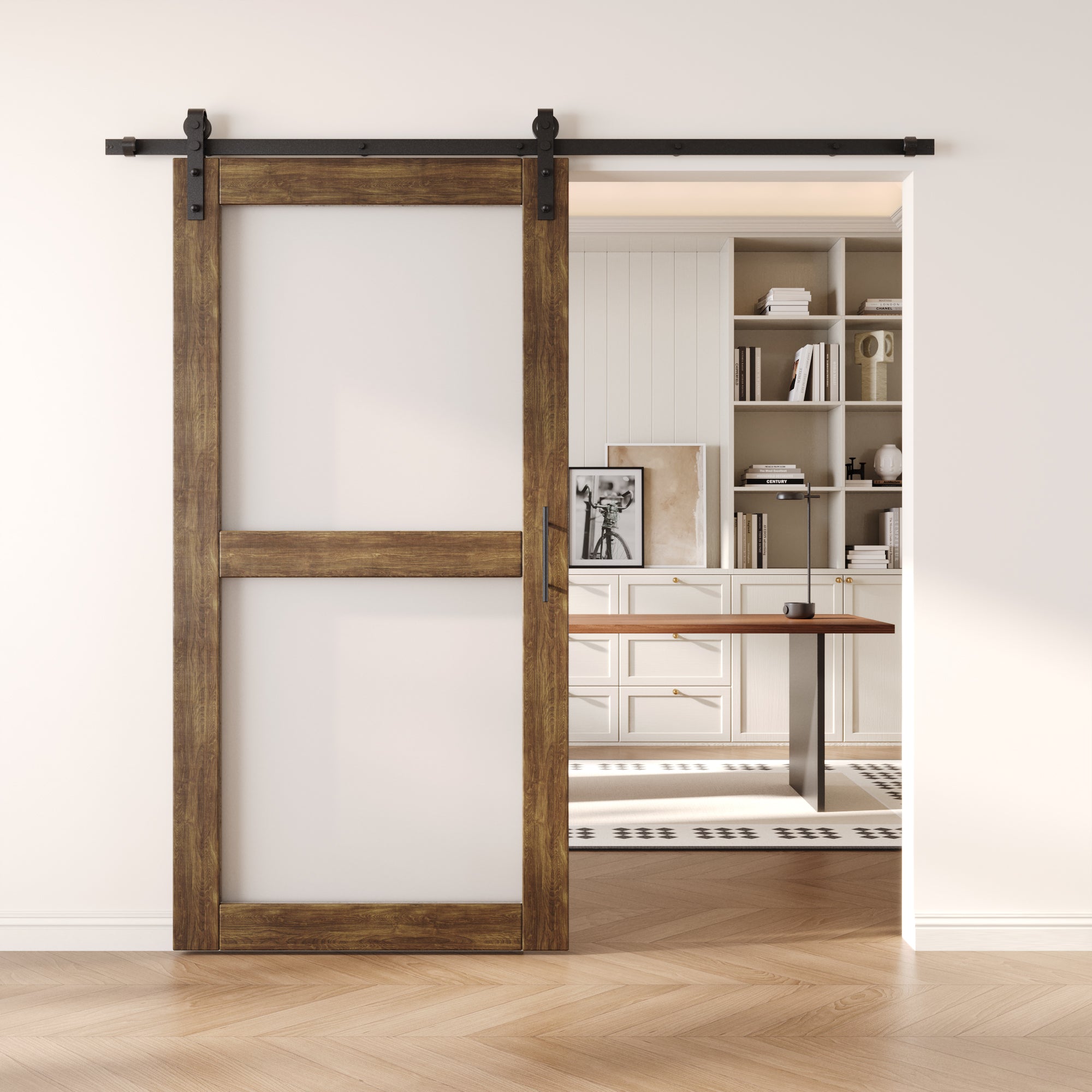 80" Height Dark Walnut 2-Lite Frosted Glass Unassembled & Finished Pine Wood Barn Door with Non-Bypass Installation Hardware Kit (Interior Use Only)