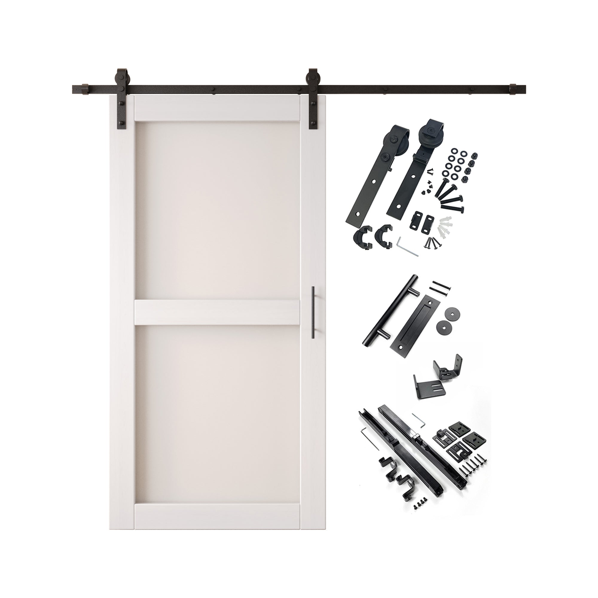 80" Height White 2-Lite Frosted Glass Unassembled & Finished Pine Wood Barn Door with Non-Bypass Installation Hardware Kit (Interior Use Only)