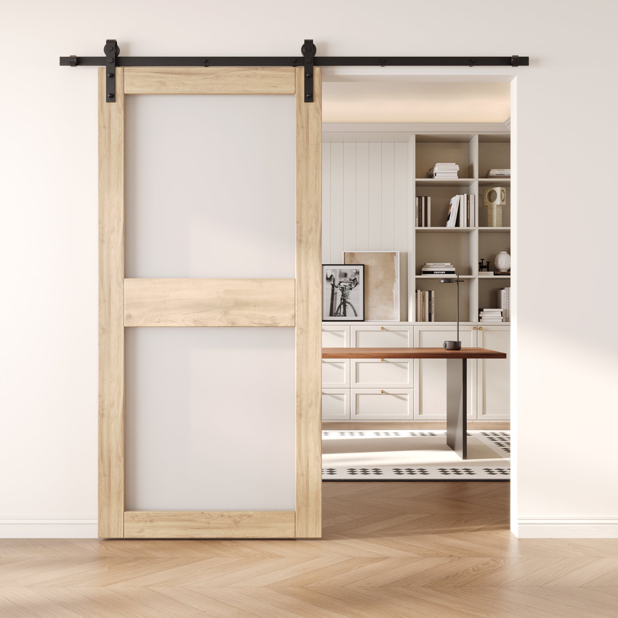 84" Height 2-Lite Frosted Glass Unassembled & Unfinished Pine Wood Barn Door with Non-Bypass Installation Hardware Kit (Interior Use Only)