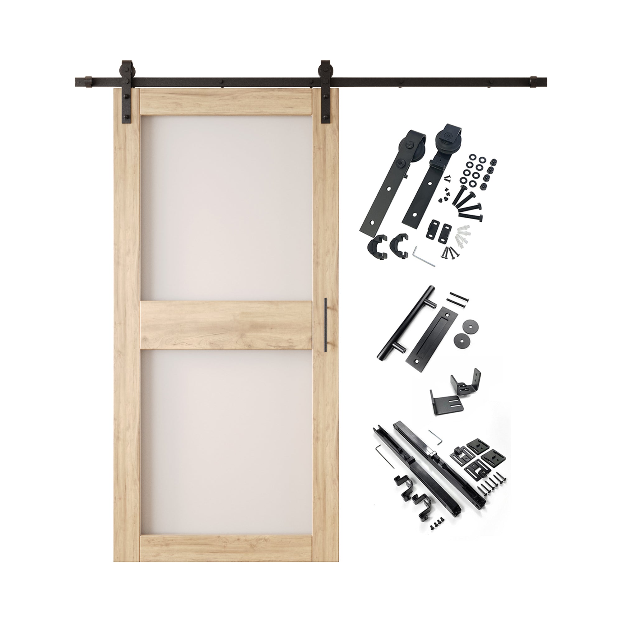 84" Height 2-Lite Frosted Glass Unassembled & Unfinished Pine Wood Barn Door with Non-Bypass Installation Hardware Kit (Interior Use Only)