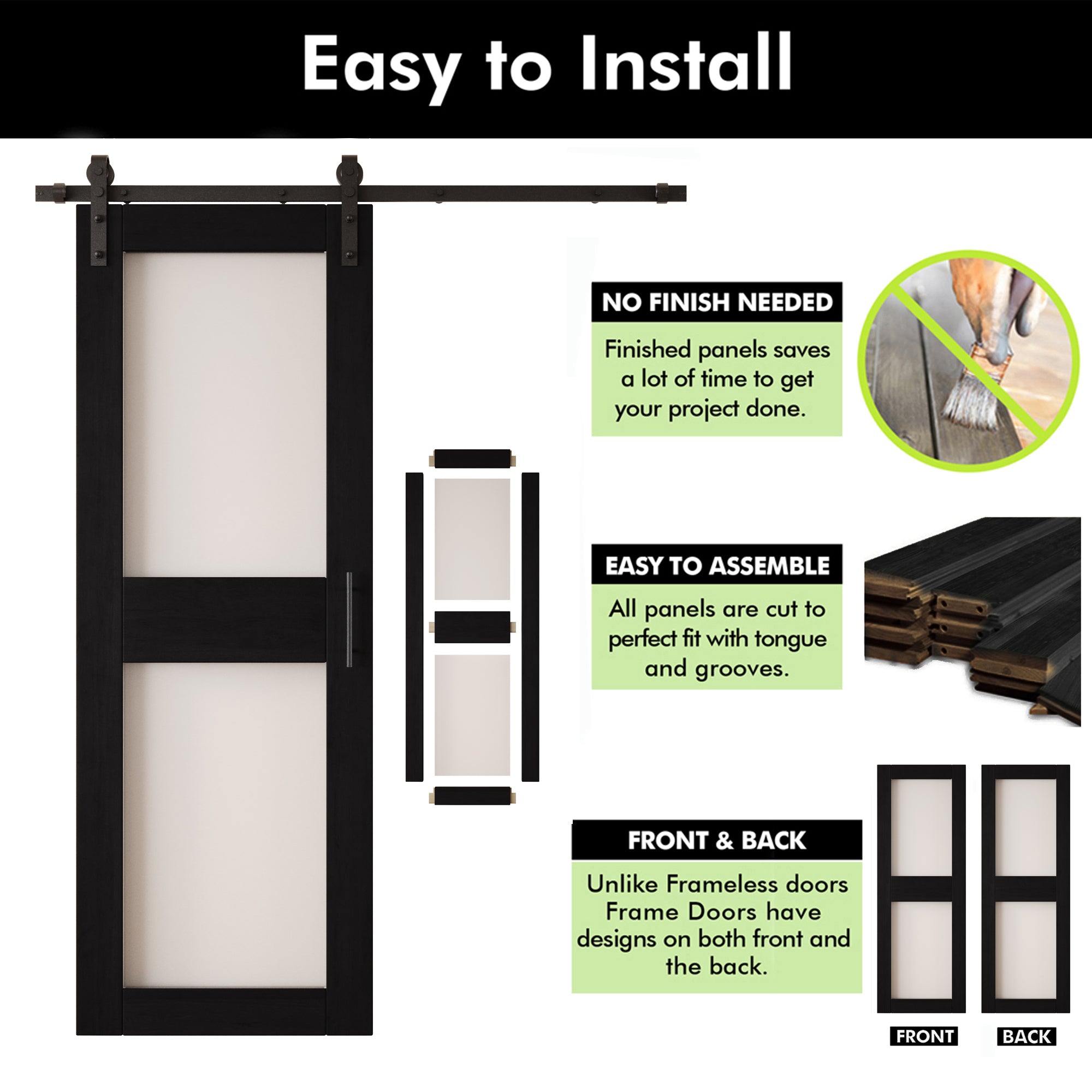 84" Height Black 2-Lite Frosted Glass Unassembled & Finished Pine Wood Barn Door with Non-Bypass Installation Hardware Kit (Interior Use Only)