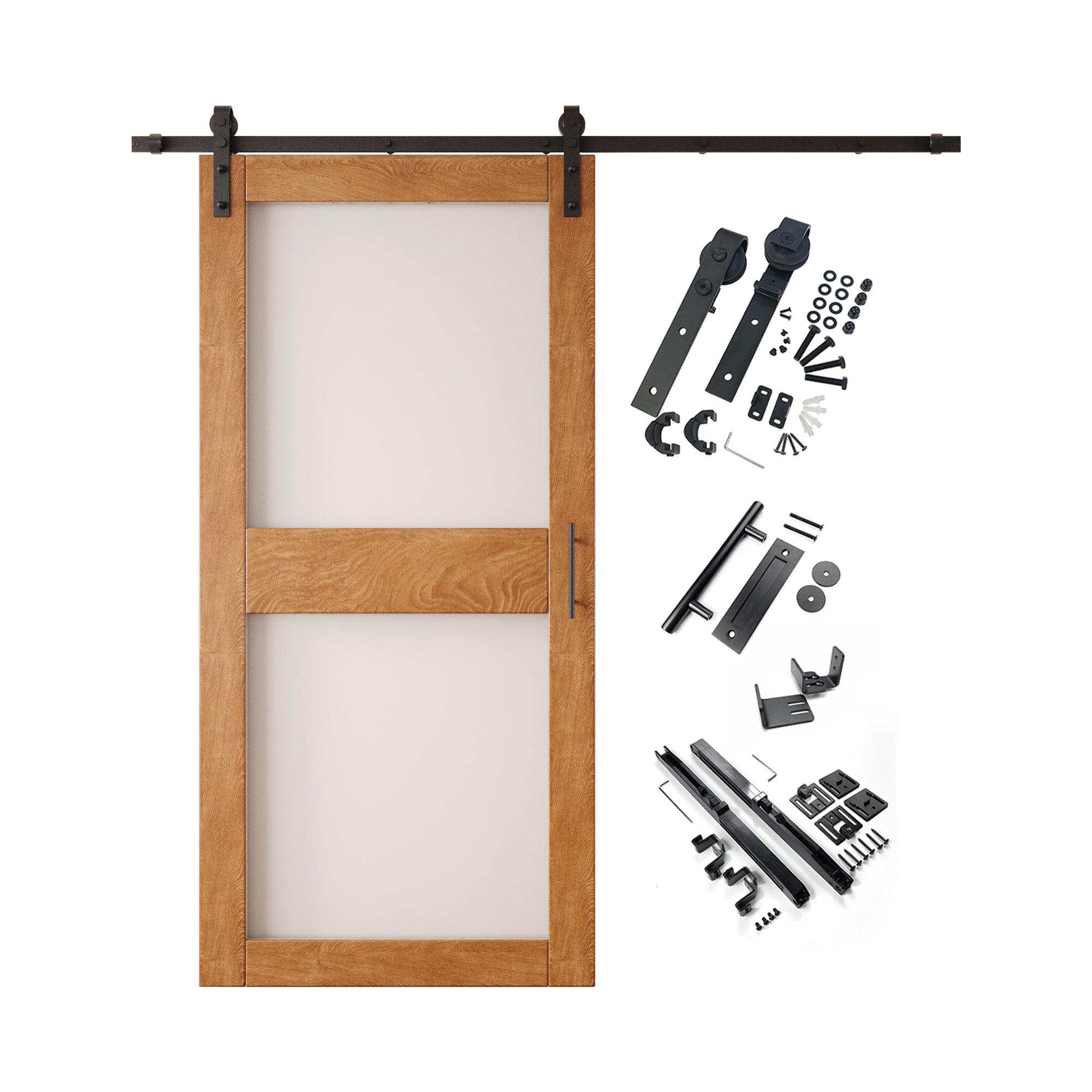 84" Height Early American 2-Lite Frosted Glass Unassembled & Finished Pine Wood Barn Door with Non-Bypass Installation Hardware Kit (Interior Use Only)