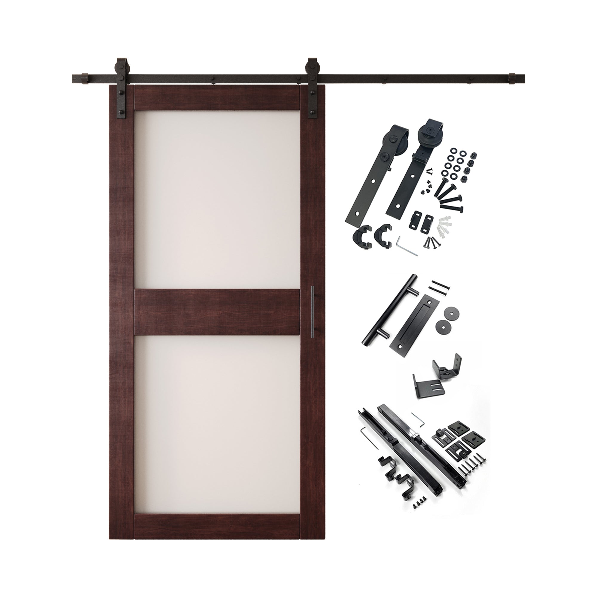 84" Height Red Mahogany 2-Lite Frosted Glass Unassembled & Finished Pine Wood Barn Door with Non-Bypass Installation Hardware Kit (Interior Use Only)