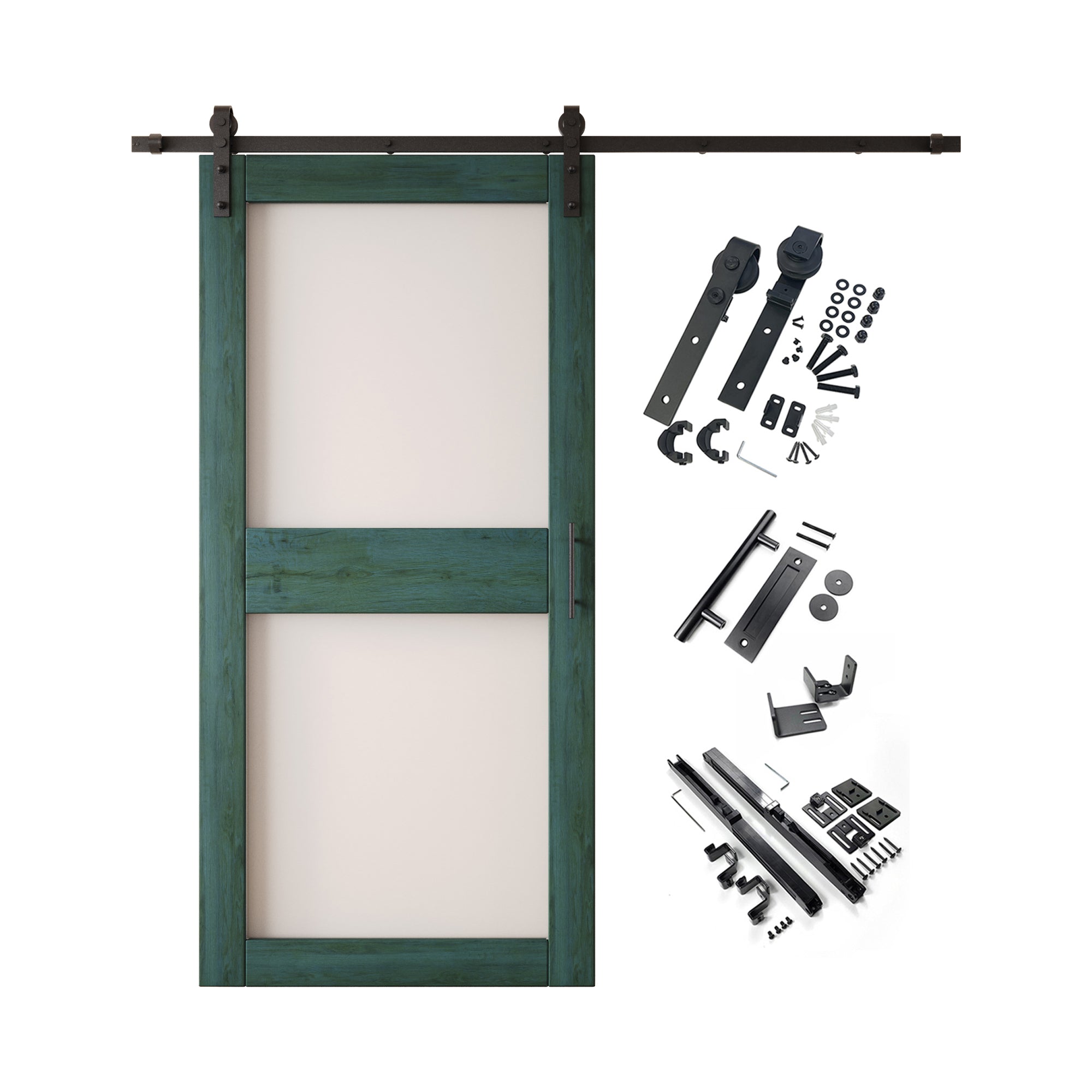 84" Height Royal Pine 2-Lite Frosted Glass Unassembled & Finished Pine Wood Barn Door with Non-Bypass Installation Hardware Kit (Interior Use Only)
