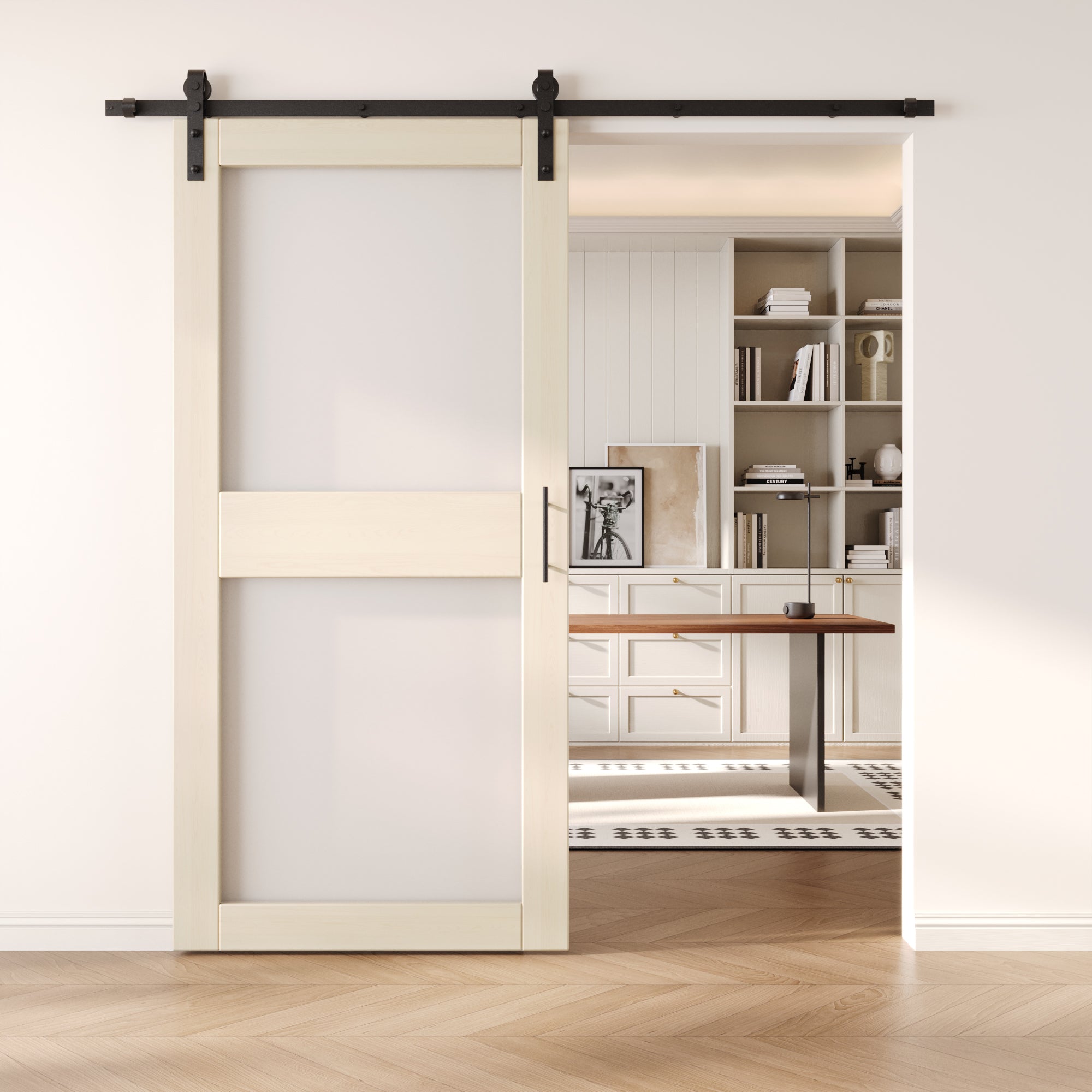 84" Height Tinsmith Gray 2-Lite Frosted Glass Unassembled & Finished Pine Wood Barn Door with Non-Bypass Installation Hardware Kit (Interior Use Only)