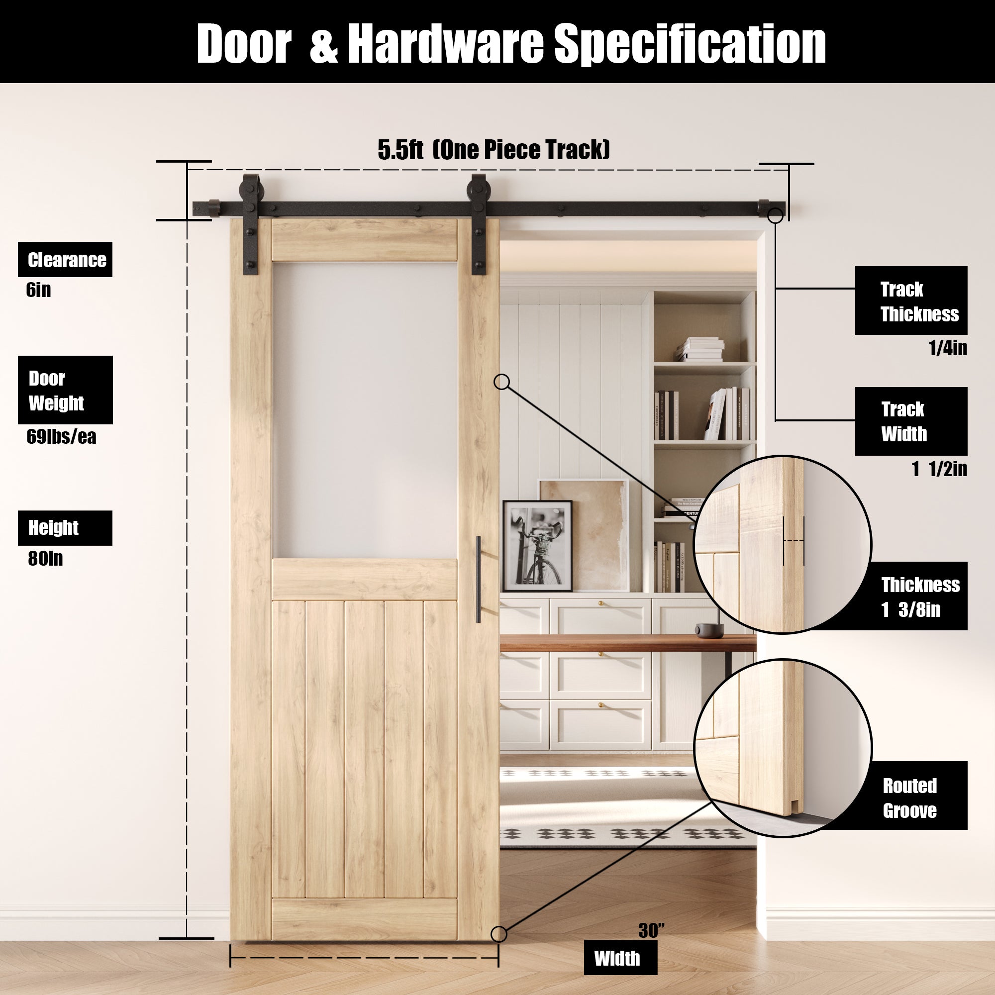 80" Height Half Lite Frosted Glass Unassembled & Unfinished Pine Wood Barn Door with Non-Bypass Installation Hardware Kit (Interior Use Only)