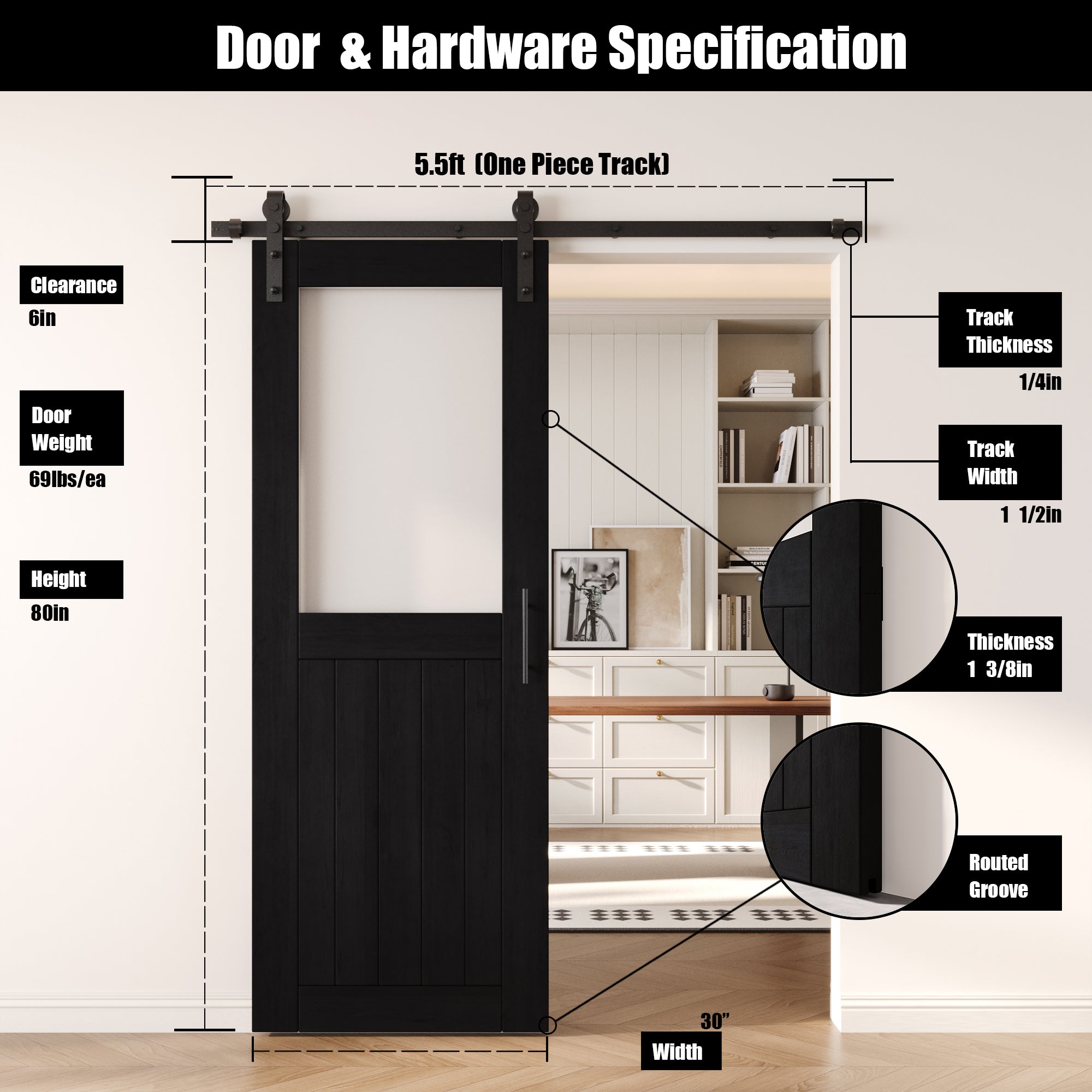 80" Height Black Half Lite Frosted Glass Unassembled & Finished Pine Wood Barn Door with Non-Bypass Installation Hardware Kit (Interior Use Only)