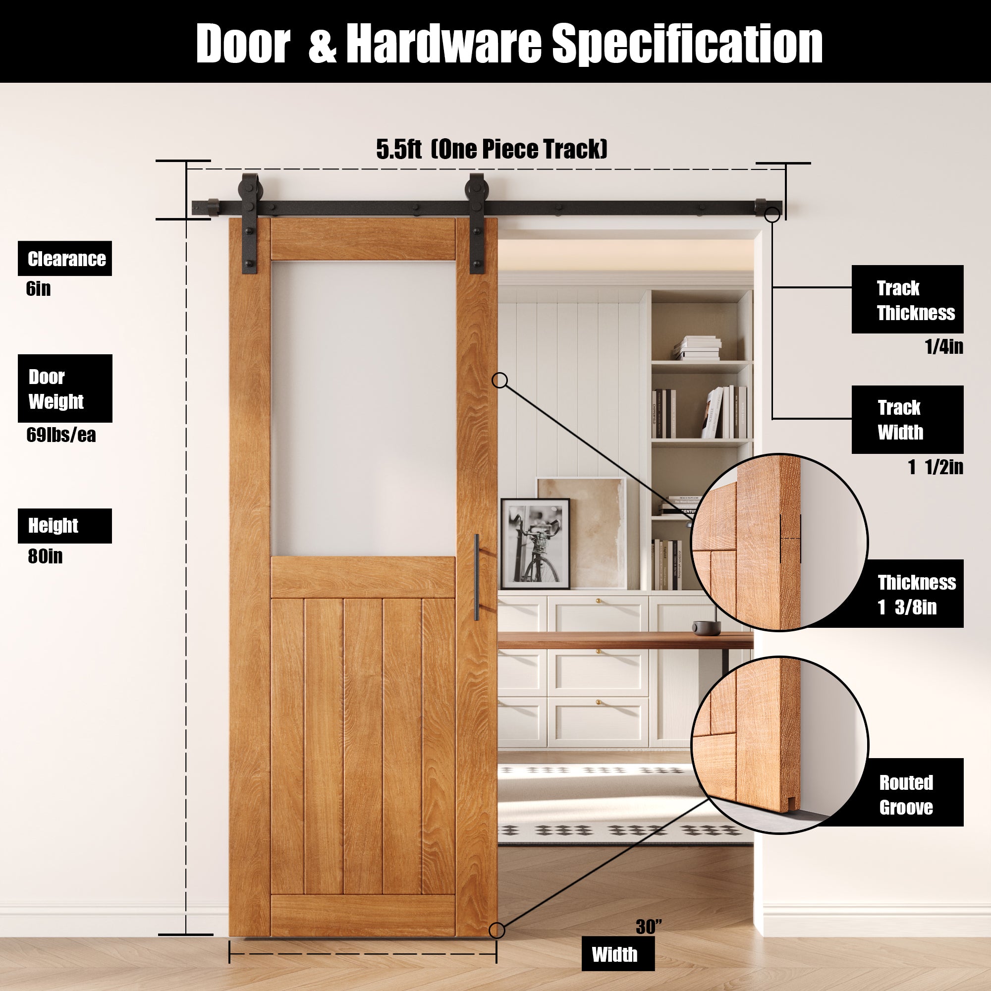 80" Height Early American Half Lite Frosted Glass Unassembled & Finished Pine Wood Barn Door with Non-Bypass Installation Hardware Kit (Interior Use Only)