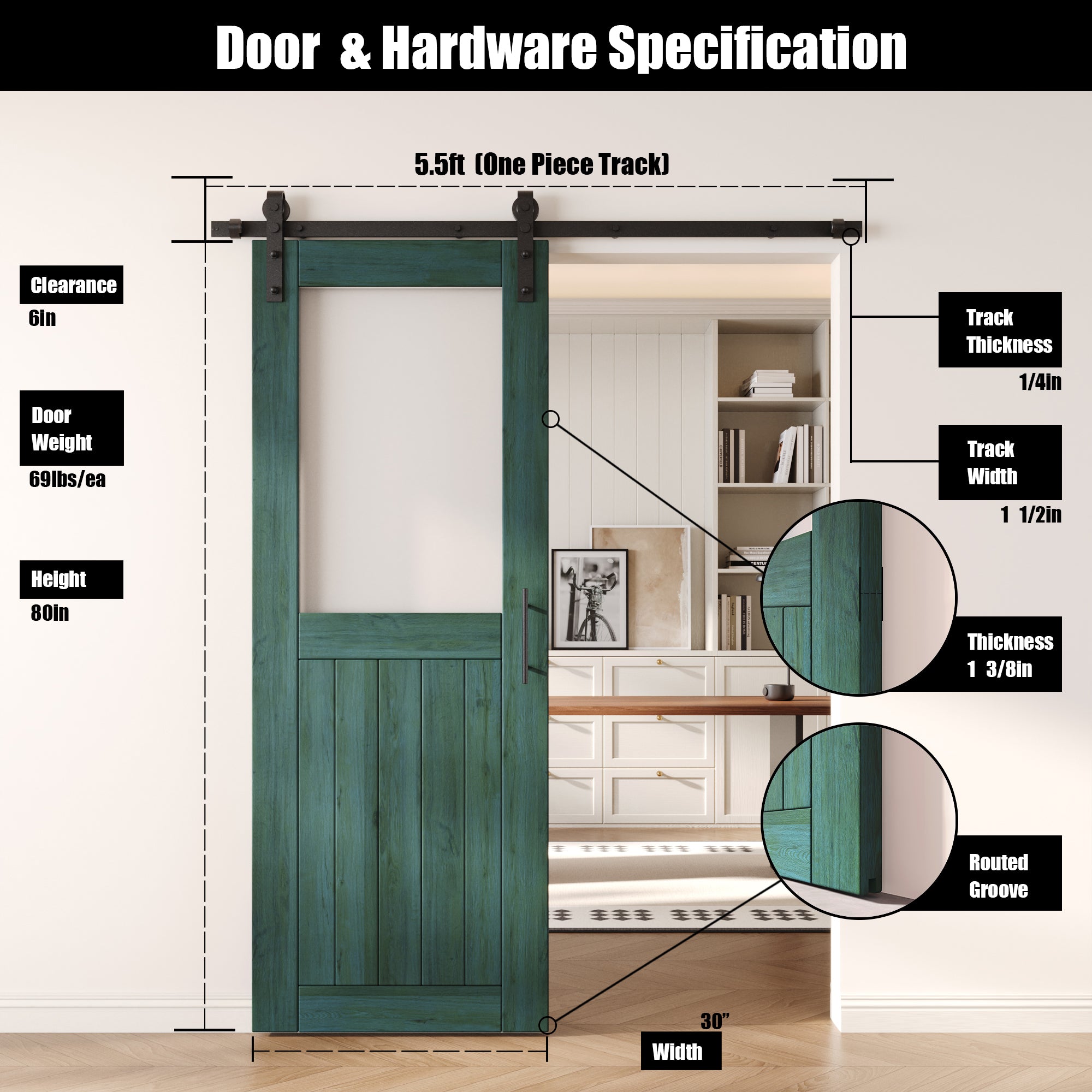 80" Height Royal Pine Half Lite Frosted Glass Unassembled & Finished Pine Wood Barn Door with Non-Bypass Installation Hardware Kit (Interior Use Only)