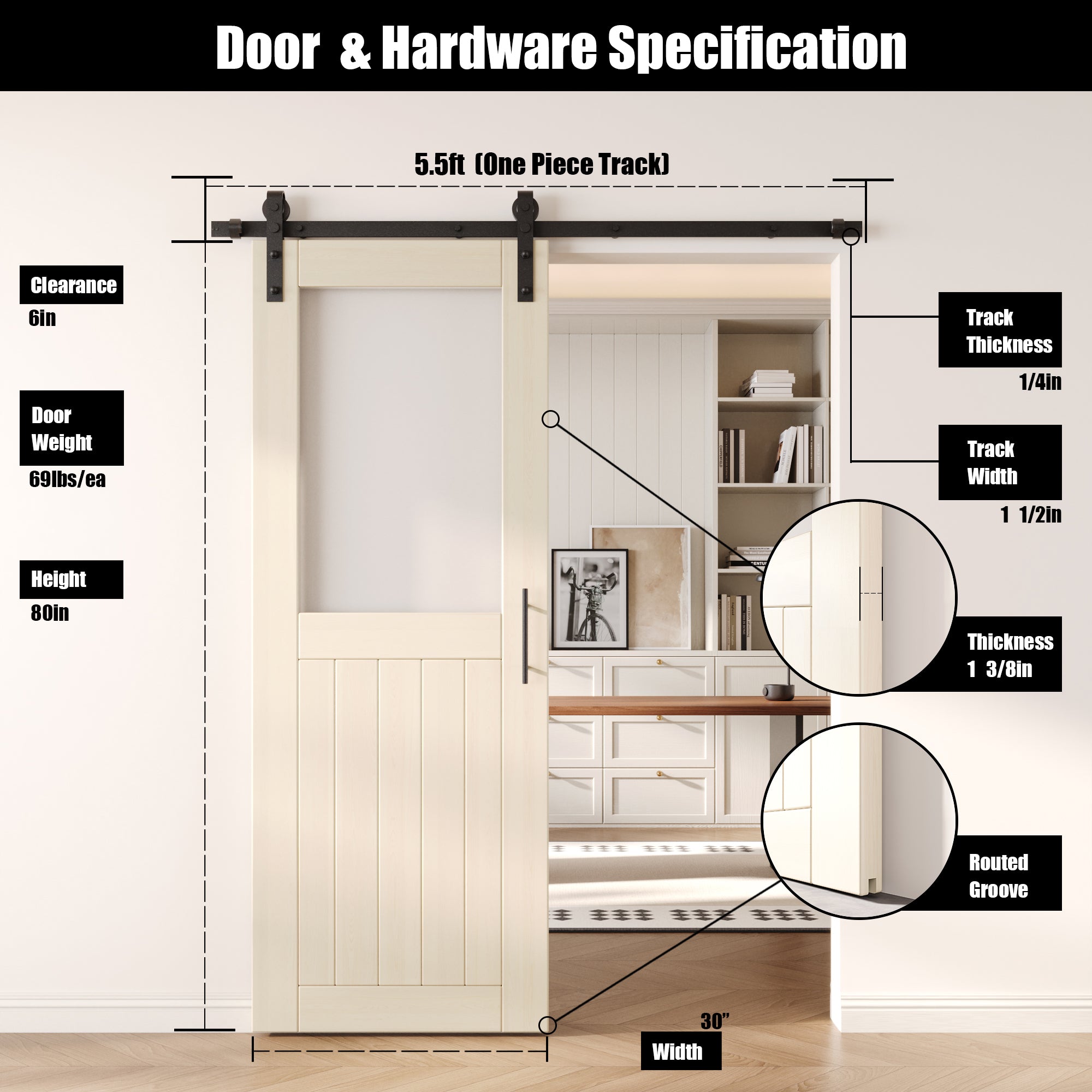 80" Height Tinsmith Gray Half Lite Frosted Glass Unassembled & Finished Pine Wood Barn Door with Non-Bypass Installation Hardware Kit (Interior Use Only)