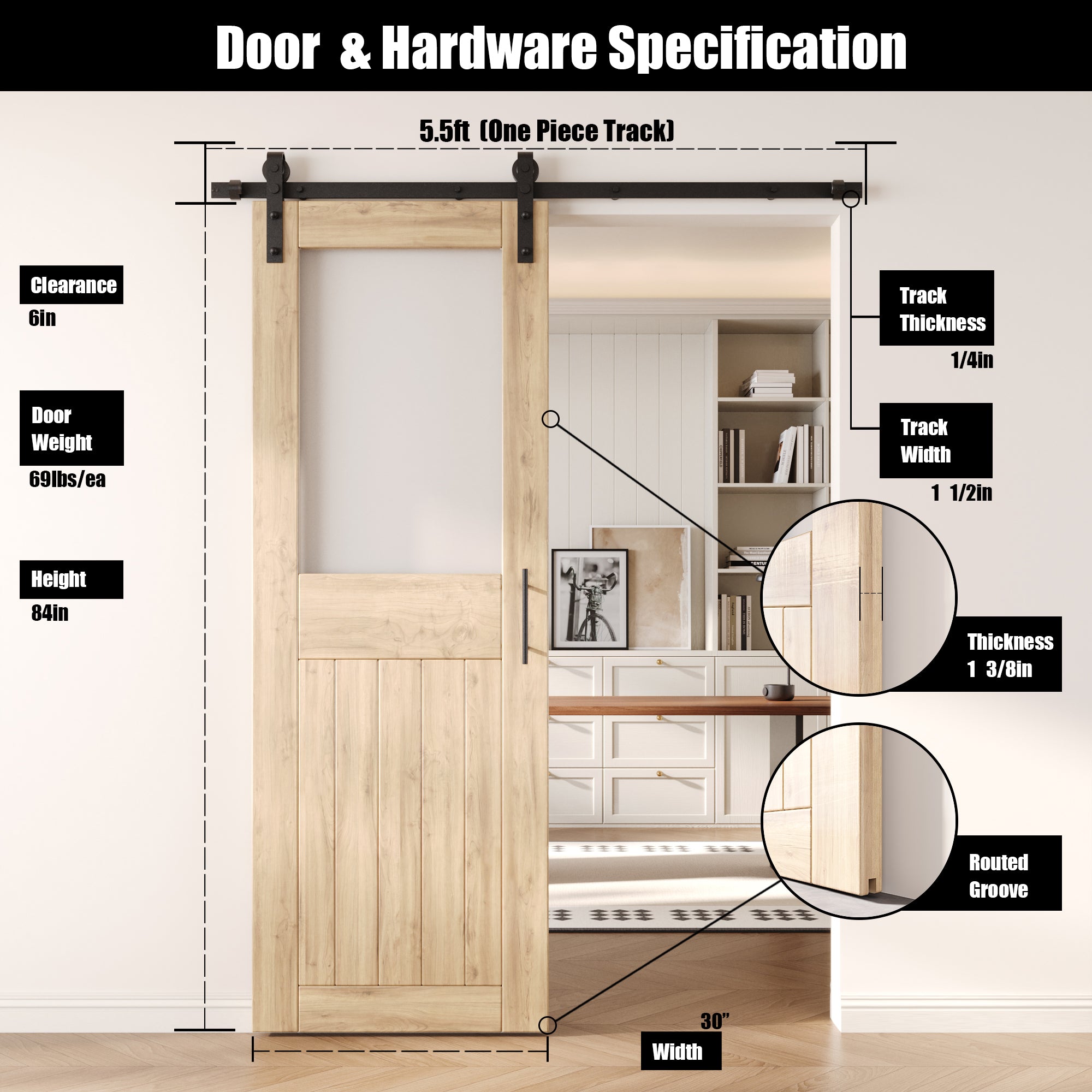 84" Height Half Lite Frosted Glass Unassembled & Unfinished Pine Wood Barn Door with Non-Bypass Installation Hardware Kit (Interior Use Only)