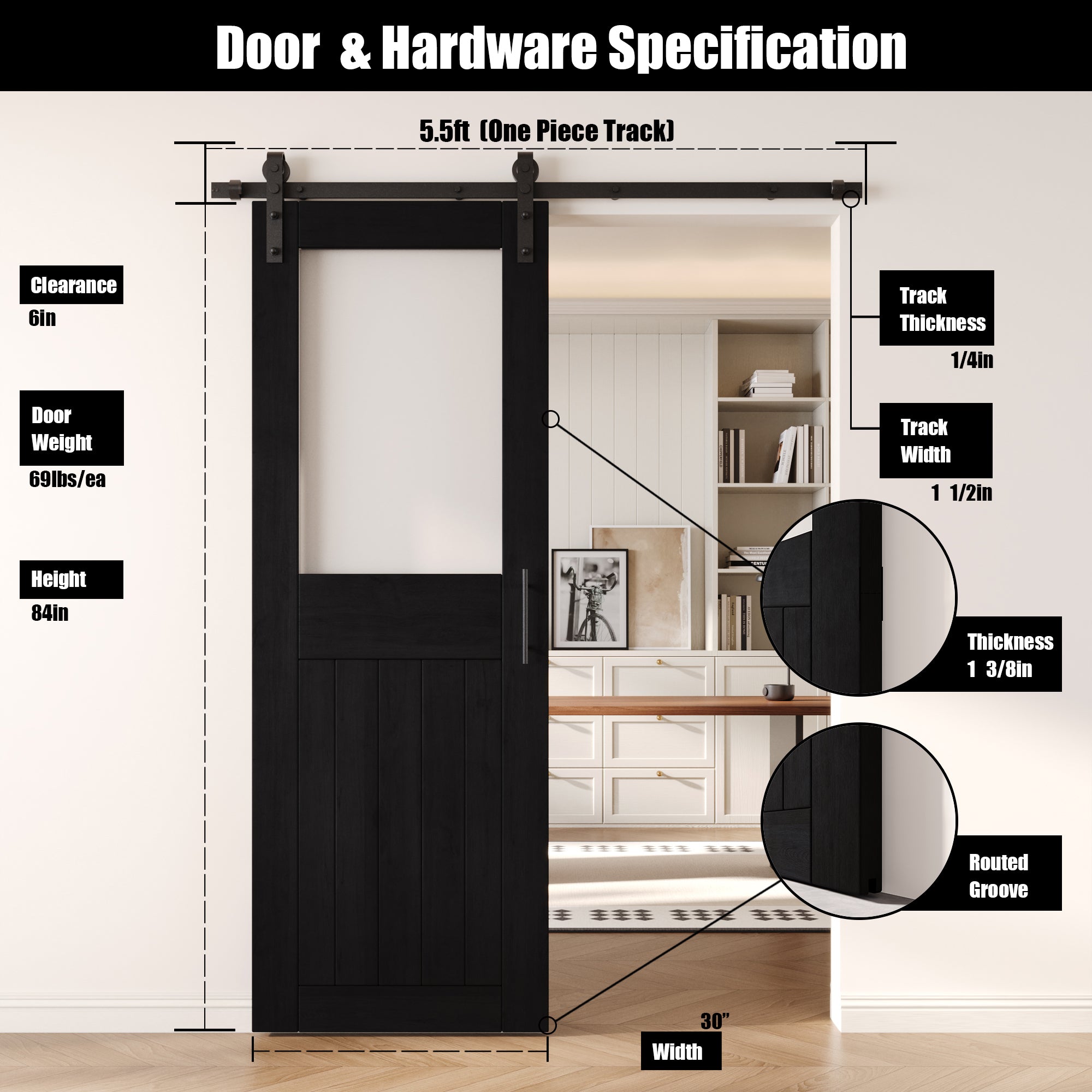 84" Height Black Half Lite Frosted Glass Unassembled & Finished Pine Wood Barn Door with Non-Bypass Installation Hardware Kit (Interior Use Only)