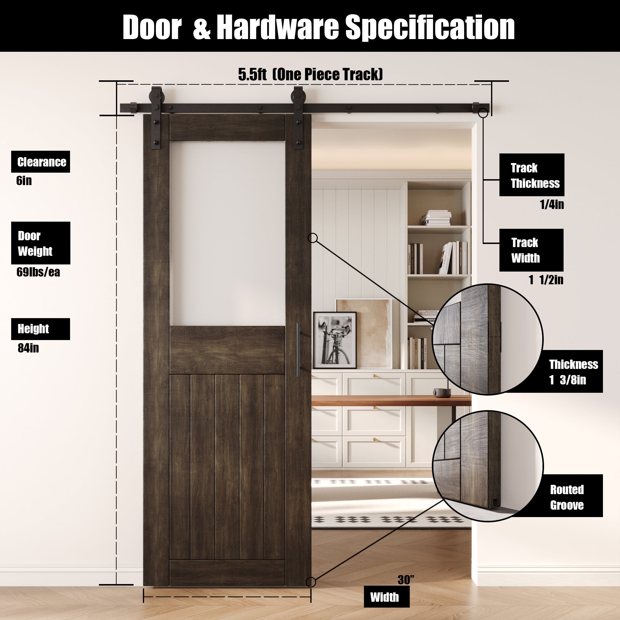 84" Height Ebony Half Lite Frosted Glass Unassembled & Finished Pine Wood Barn Door with Non-Bypass Installation Hardware Kit (Interior Use Only)