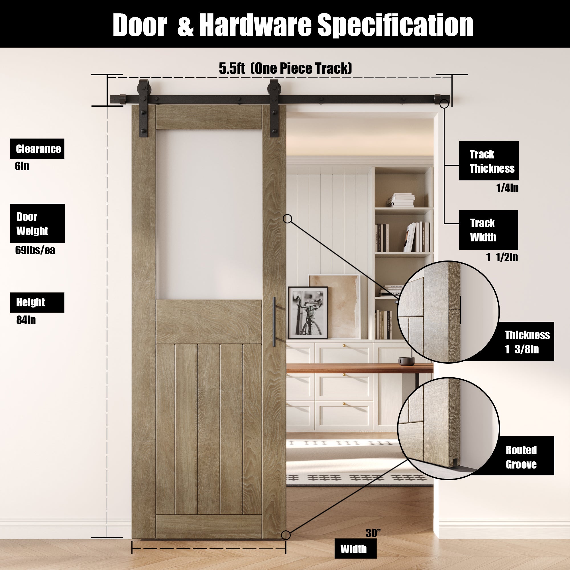 84" Height Classic Gray Half Lite Frosted Glass Unassembled & Finished Pine Wood Barn Door with Non-Bypass Installation Hardware Kit (Interior Use Only)