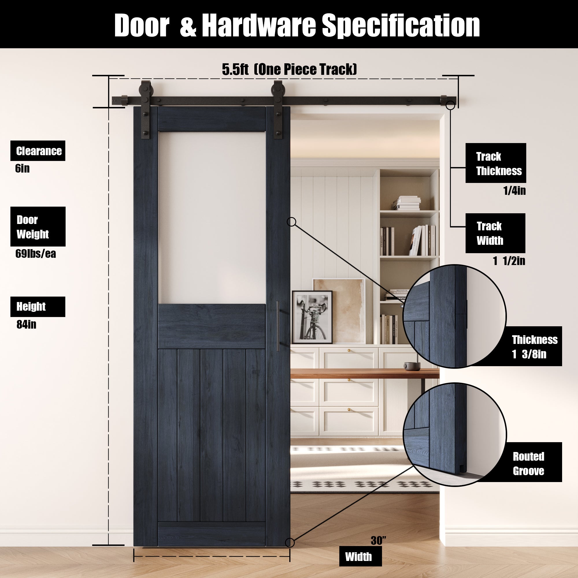 84" Height Navy Half Lite Frosted Glass Unassembled & Finished Pine Wood Barn Door with Non-Bypass Installation Hardware Kit (Interior Use Only)