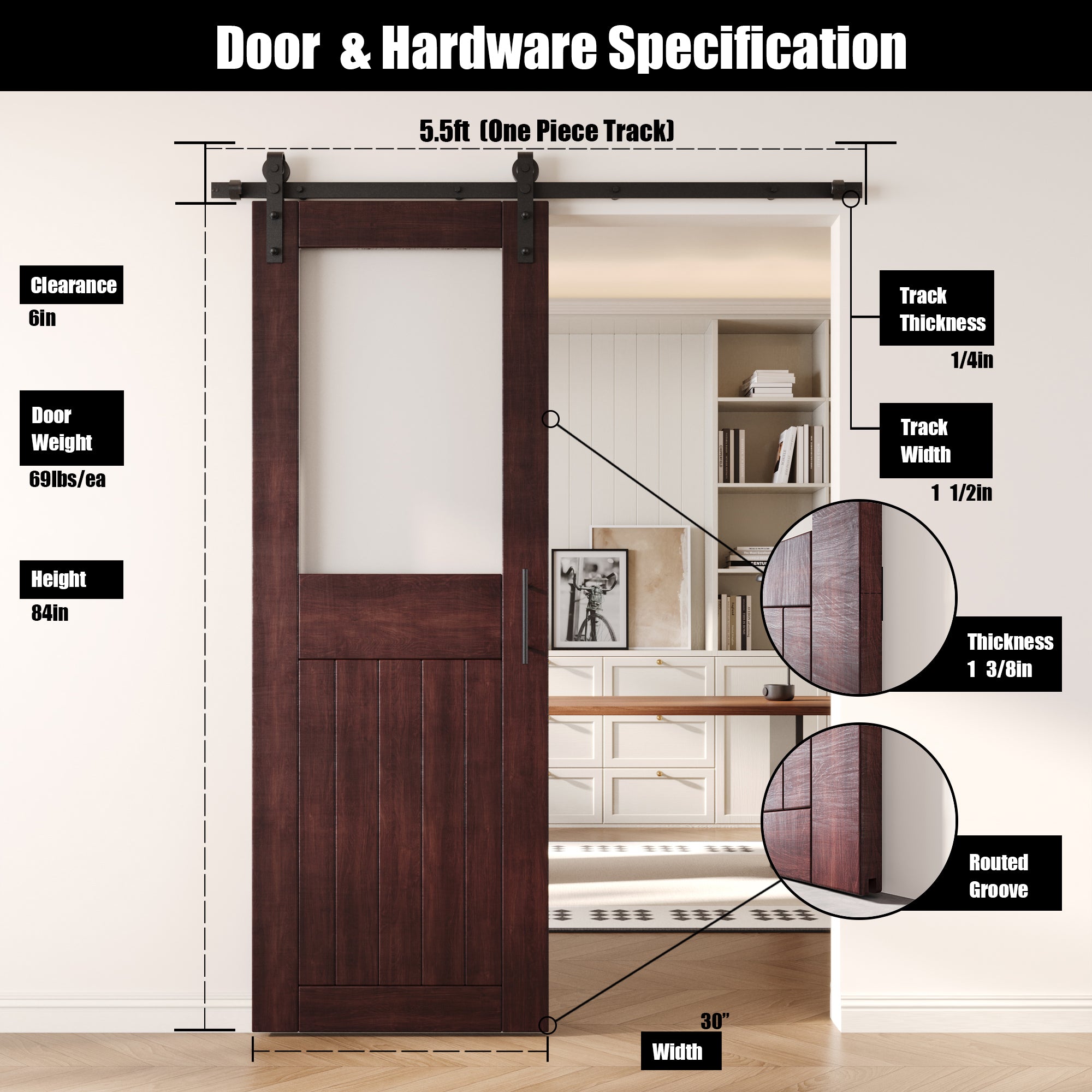 84" Height Red Mahogany Half Lite Frosted Glass Unassembled & Finished Pine Wood Barn Door with Non-Bypass Installation Hardware Kit (Interior Use Only)