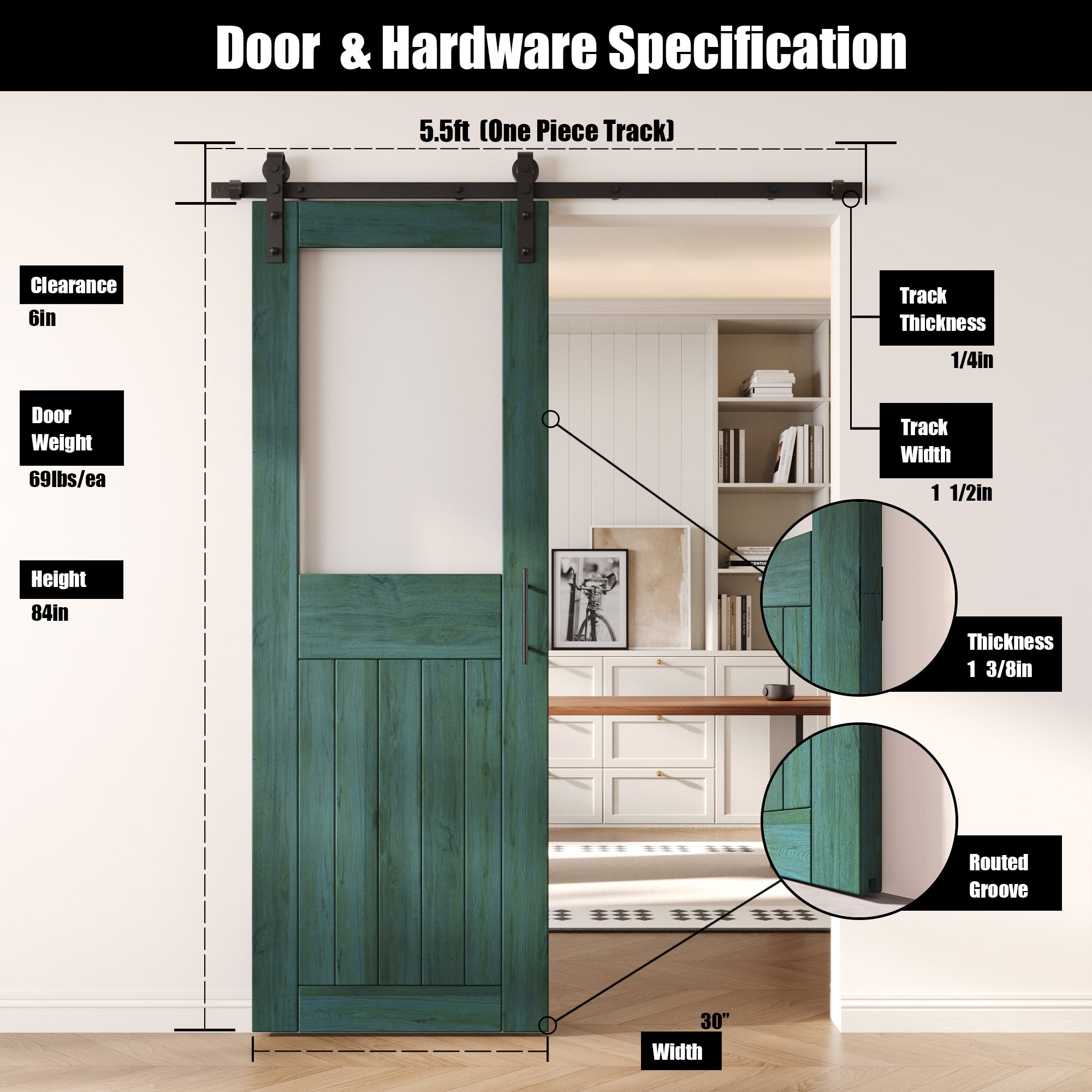 84" Height Royal Pine Half Lite Frosted Glass Unassembled & Finished Pine Wood Barn Door with Non-Bypass Installation Hardware Kit (Interior Use Only)