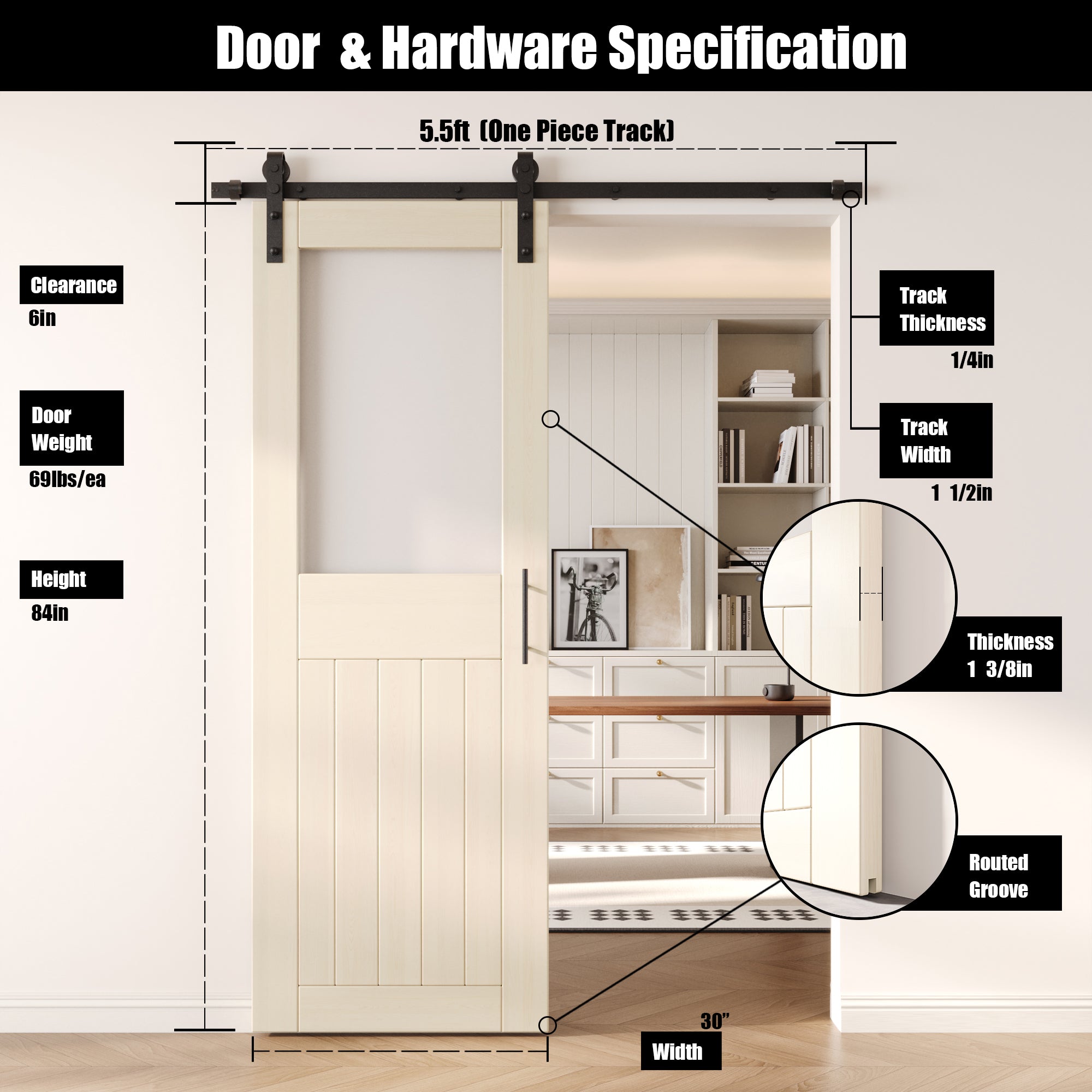 84" Height Tinsmith Gray Half Lite Frosted Glass Unassembled & Finished Pine Wood Barn Door with Non-Bypass Installation Hardware Kit (Interior Use Only)