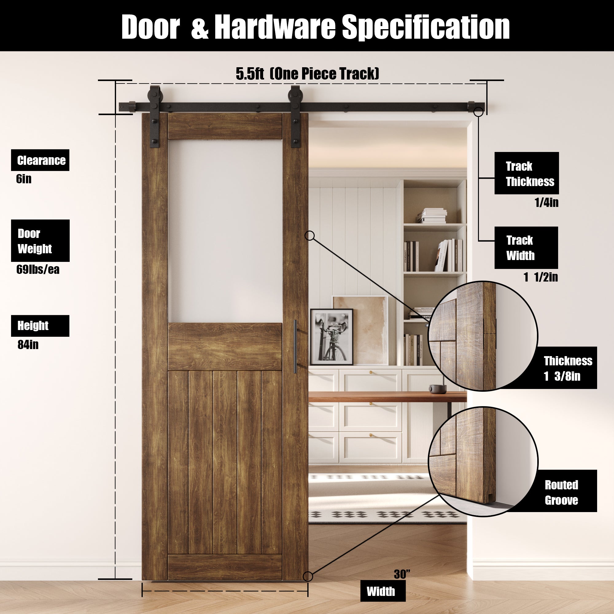 84" Height Dark Walnut Half Lite Frosted Glass Unassembled & Finished Pine Wood Barn Door with Non-Bypass Installation Hardware Kit (Interior Use Only)