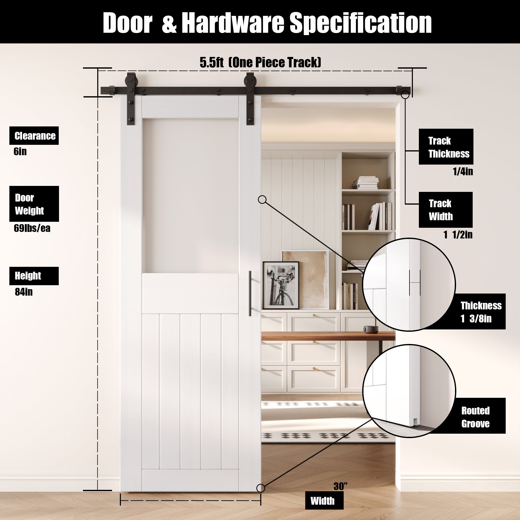 84" Height White Half Lite Frosted Glass Unassembled & Finished Pine Wood Barn Door with Non-Bypass Installation Hardware Kit (Interior Use Only)