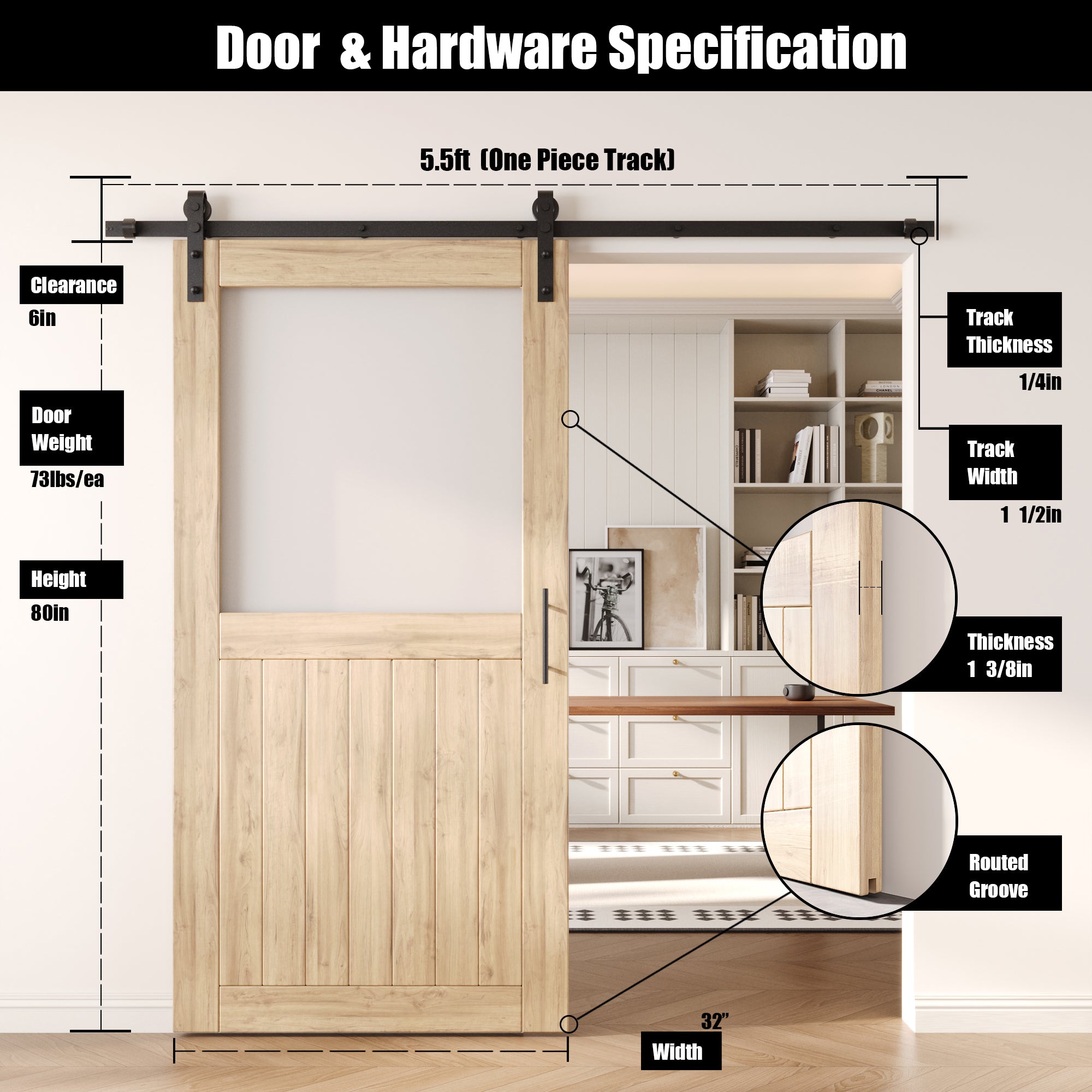 80" Height Half Lite Frosted Glass Unassembled & Unfinished Pine Wood Barn Door with Non-Bypass Installation Hardware Kit (Interior Use Only)