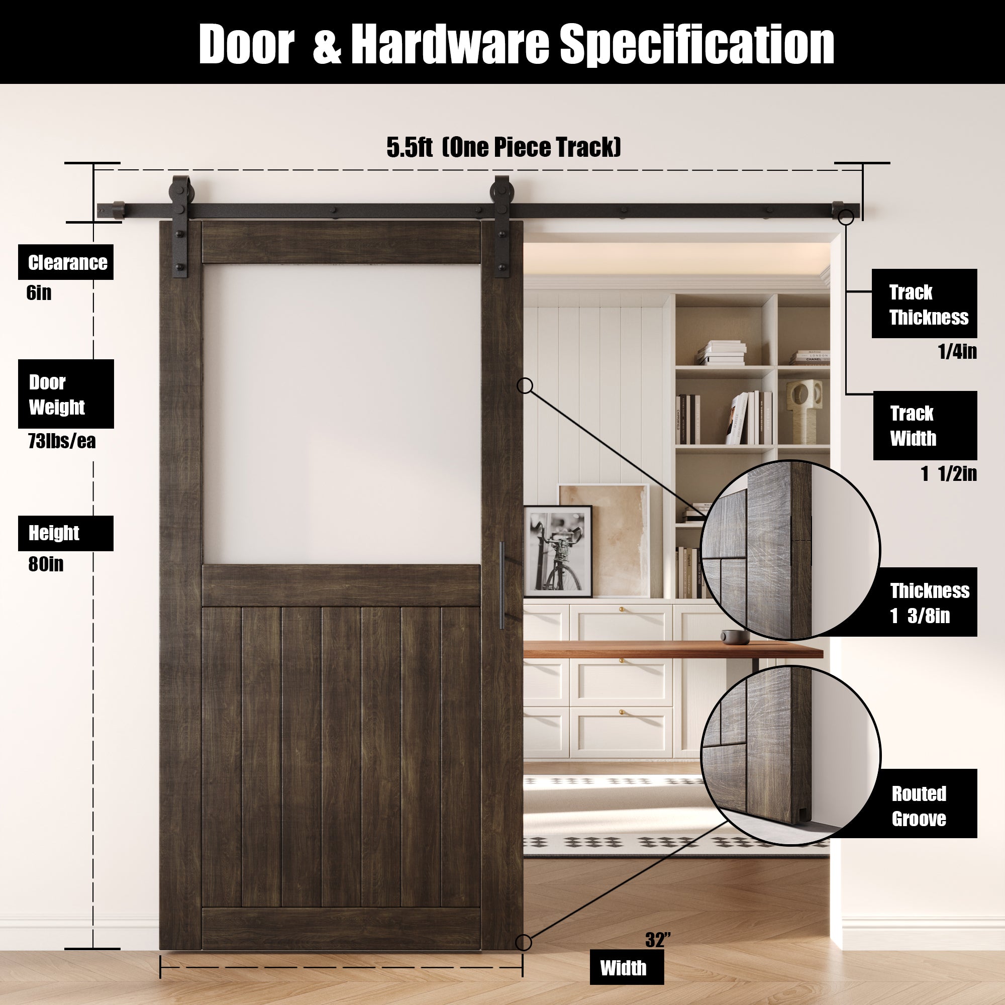80" Height Ebony Half Lite Frosted Glass Unassembled & Finished Pine Wood Barn Door with Non-Bypass Installation Hardware Kit (Interior Use Only)
