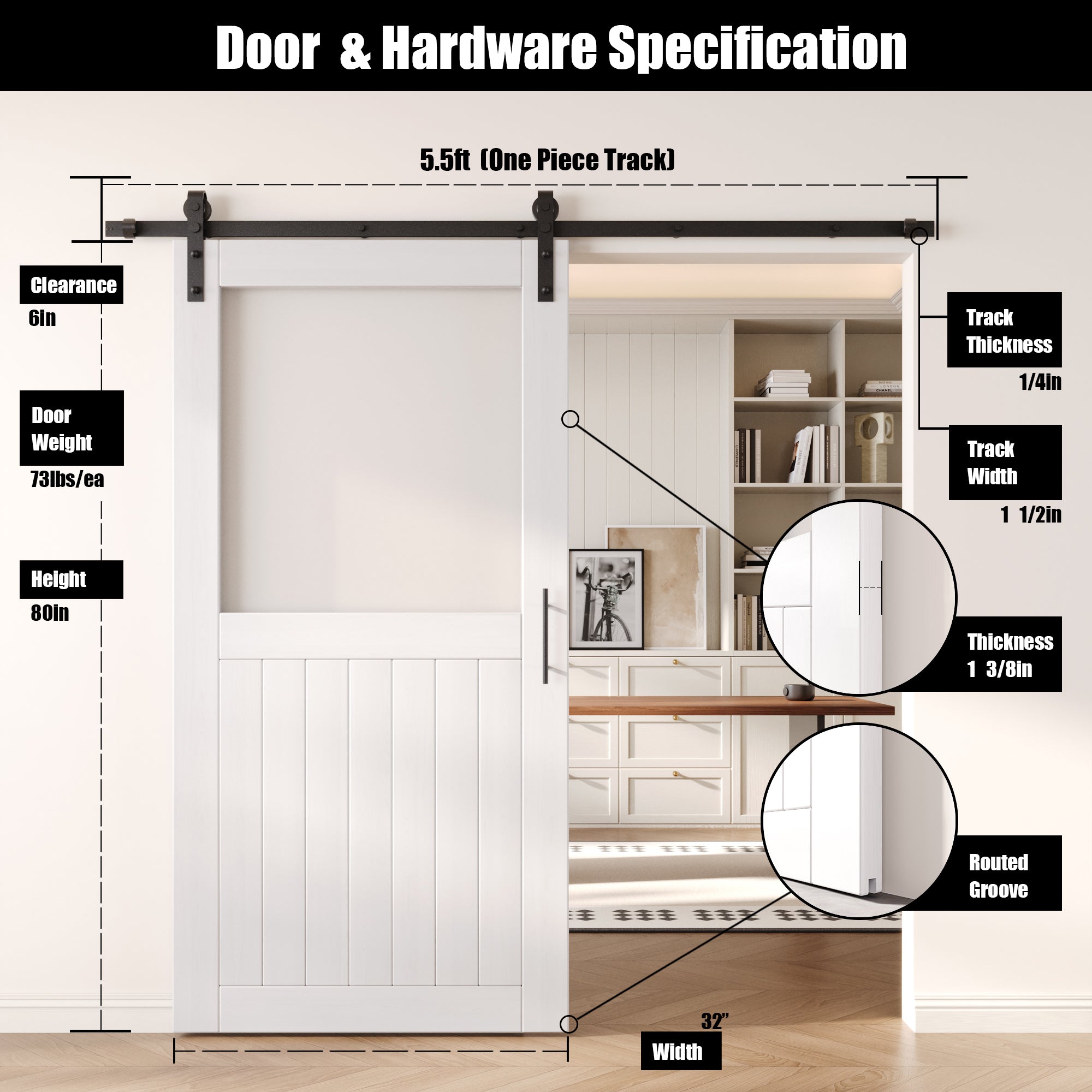 80" Height White Half Lite Frosted Glass Unassembled & Finished Pine Wood Barn Door with Non-Bypass Installation Hardware Kit (Interior Use Only)