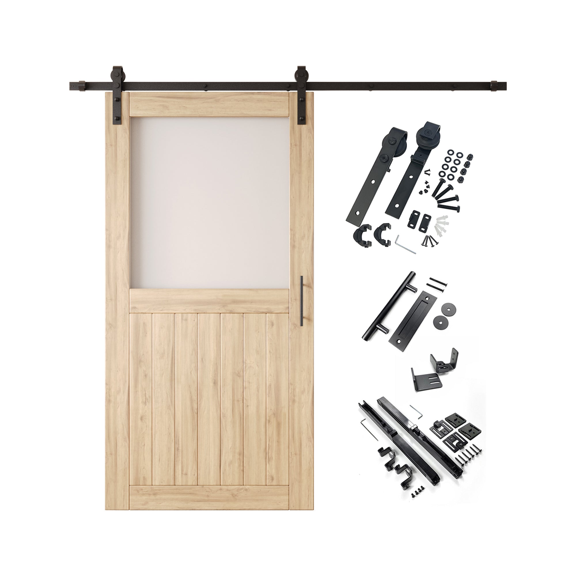 80" Height Half Lite Frosted Glass Unassembled & Unfinished Pine Wood Barn Door with Non-Bypass Installation Hardware Kit (Interior Use Only)