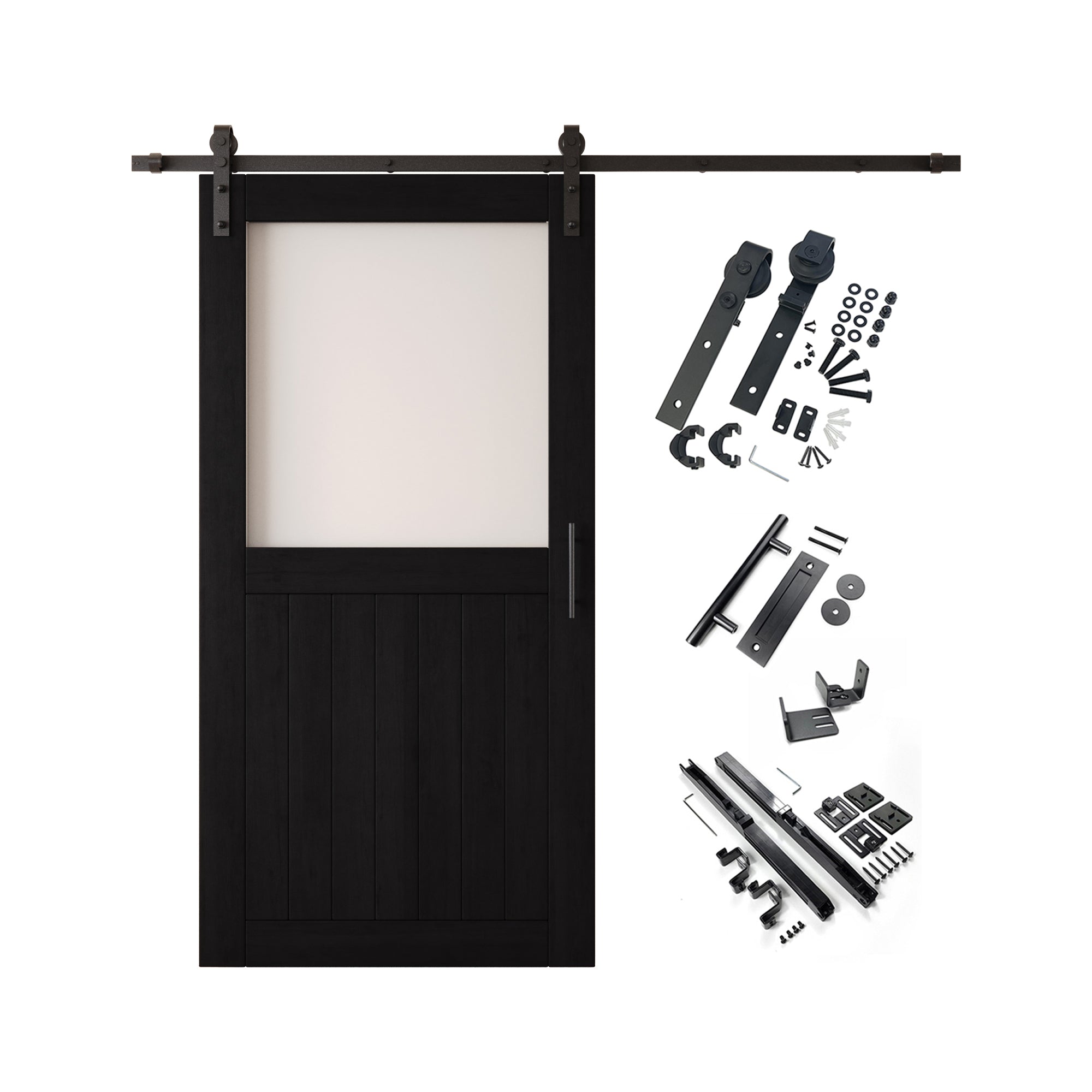 80" Height Black Half Lite Frosted Glass Unassembled & Finished Pine Wood Barn Door with Non-Bypass Installation Hardware Kit (Interior Use Only)