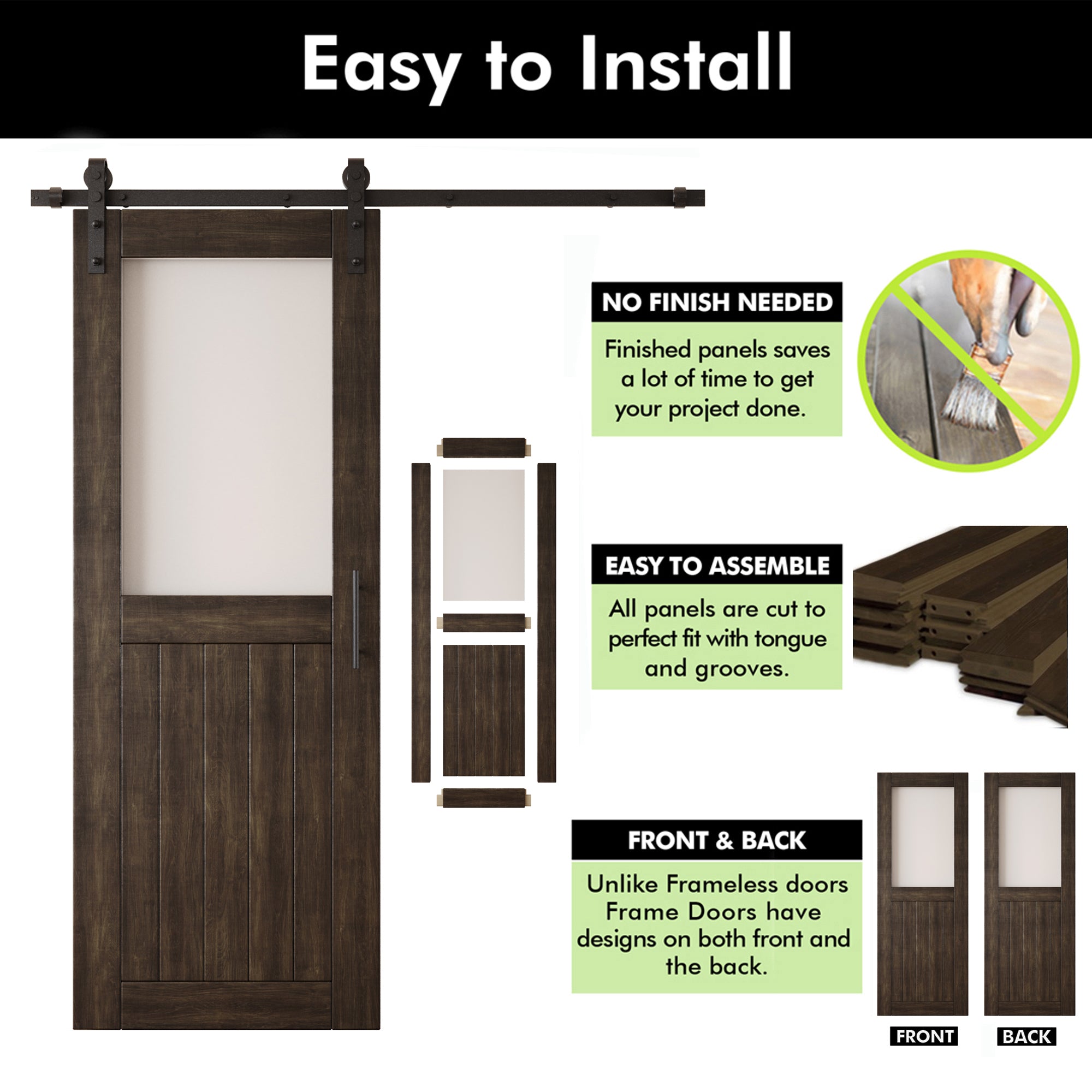 80" Height Ebony Half Lite Frosted Glass Unassembled & Finished Pine Wood Barn Door with Non-Bypass Installation Hardware Kit (Interior Use Only)