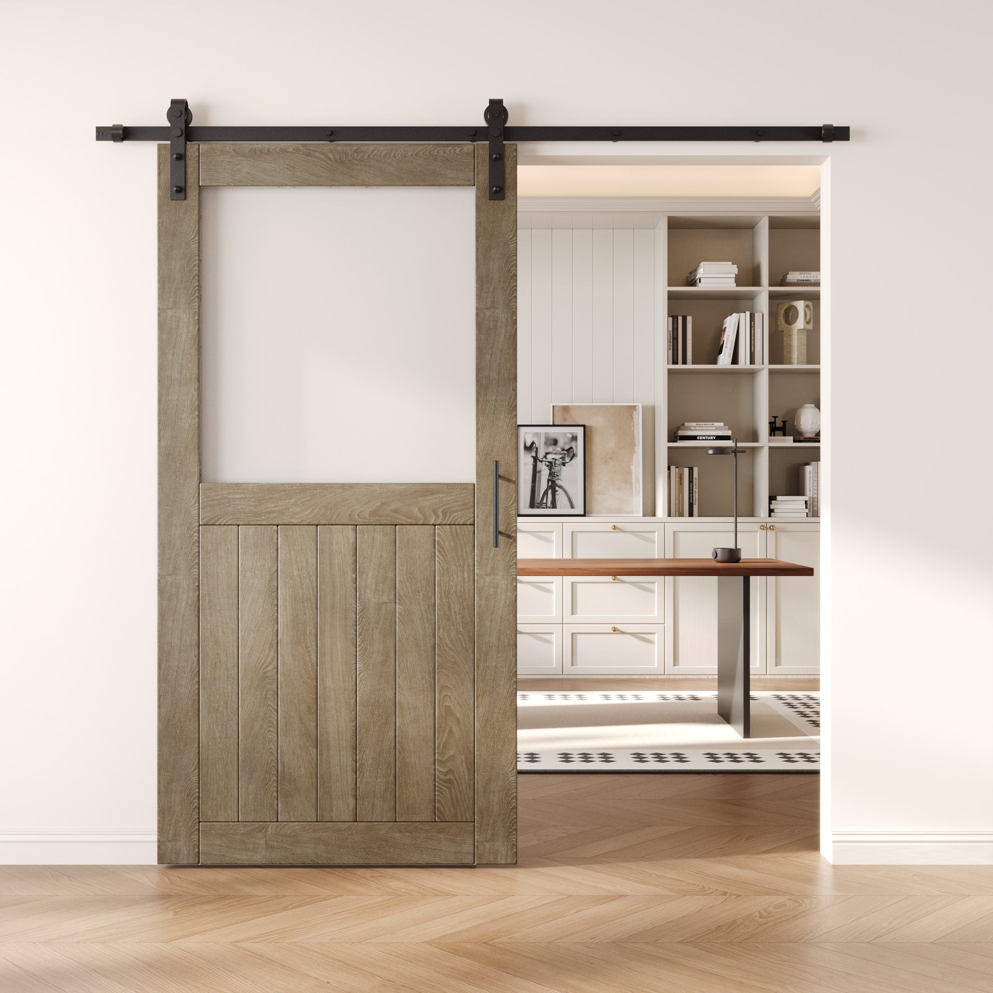 80" Height Classic Gray Half Lite Frosted Glass Unassembled & Finished Pine Wood Barn Door with Non-Bypass Installation Hardware Kit (Interior Use Only)