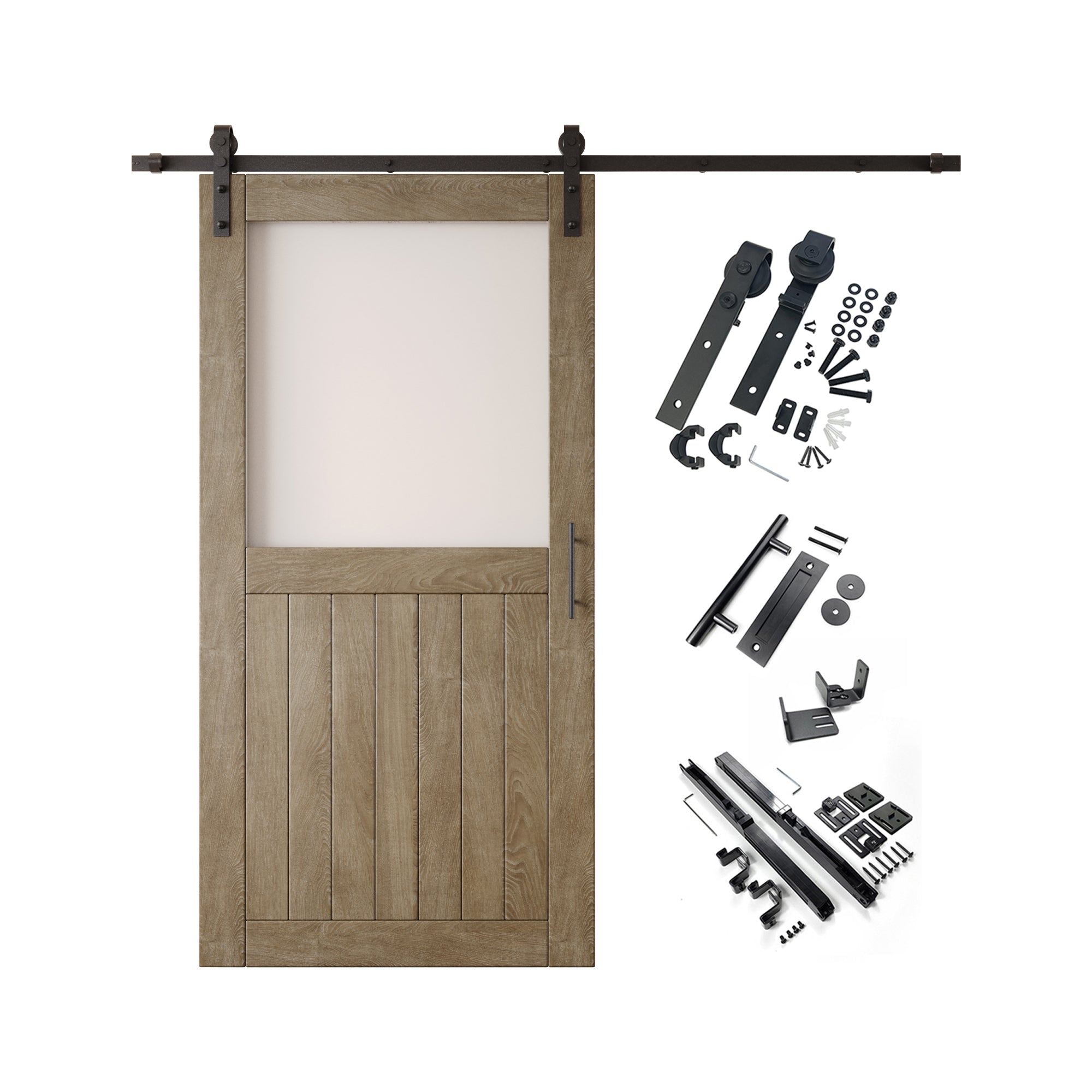 80" Height Classic Gray Half Lite Frosted Glass Unassembled & Finished Pine Wood Barn Door with Non-Bypass Installation Hardware Kit (Interior Use Only)