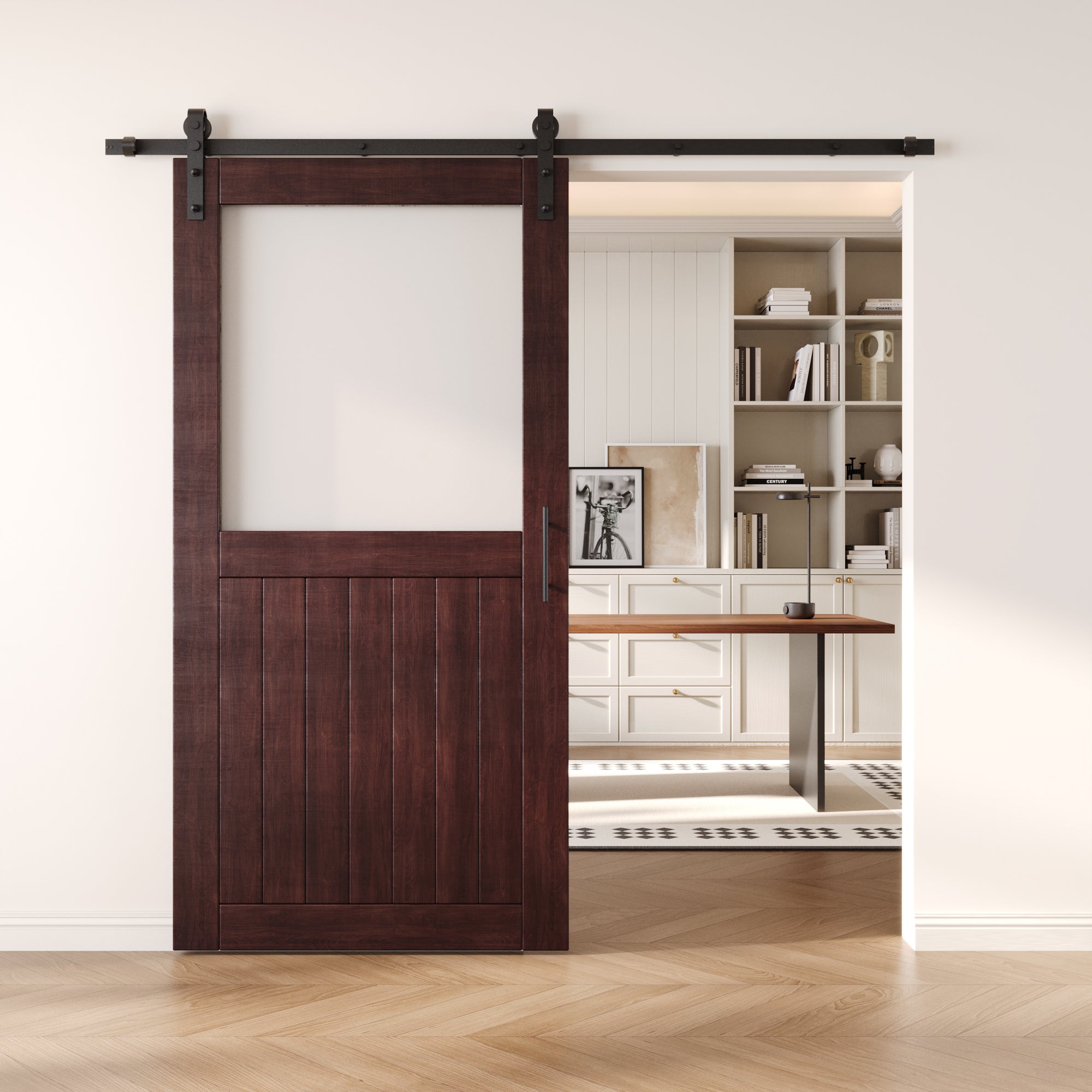 80" Height Red Mahogany Half Lite Frosted Glass Unassembled & Finished Pine Wood Barn Door with Non-Bypass Installation Hardware Kit (Interior Use Only)