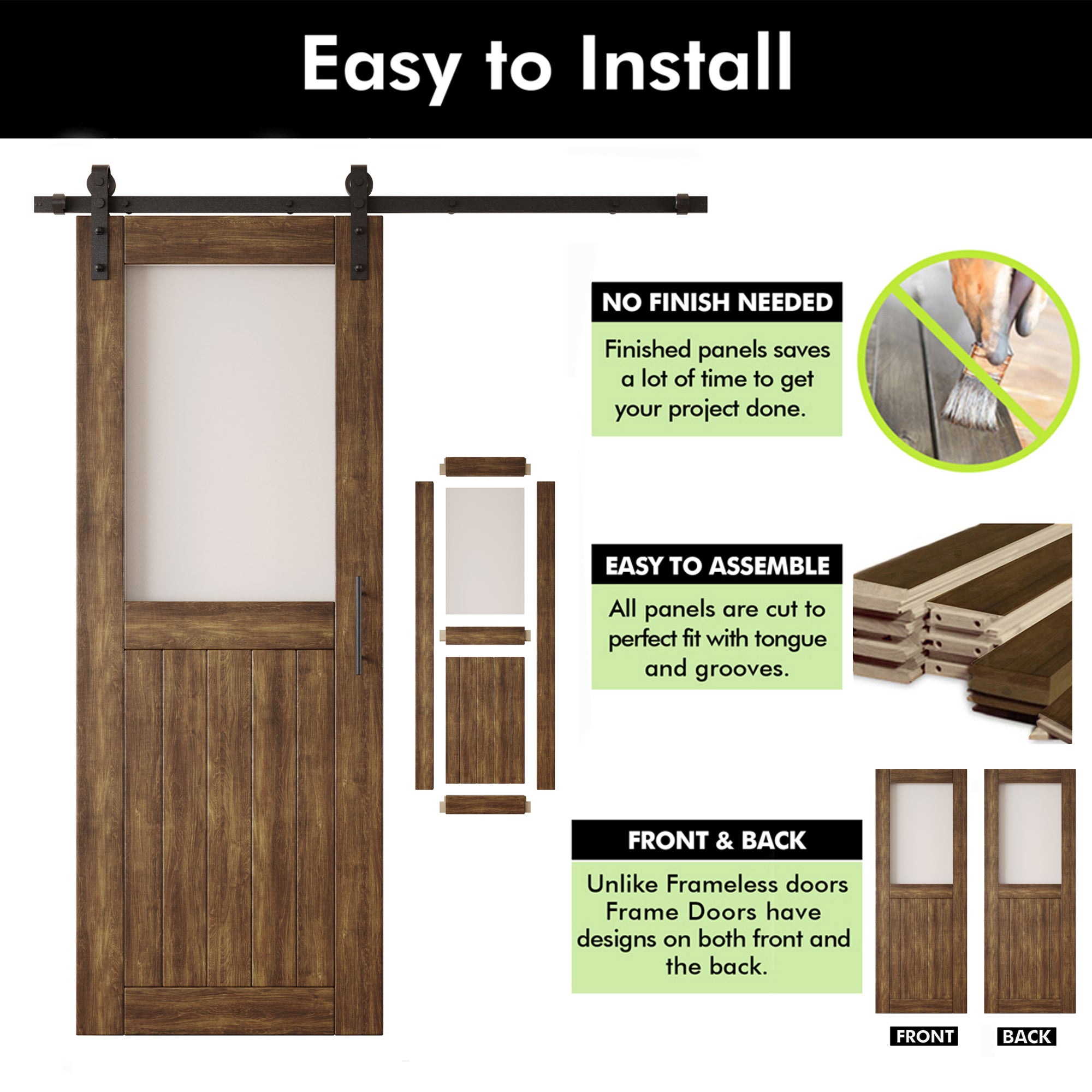 80" Height Dark Walnut Half Lite Frosted Glass Unassembled & Finished Pine Wood Barn Door with Non-Bypass Installation Hardware Kit (Interior Use Only)