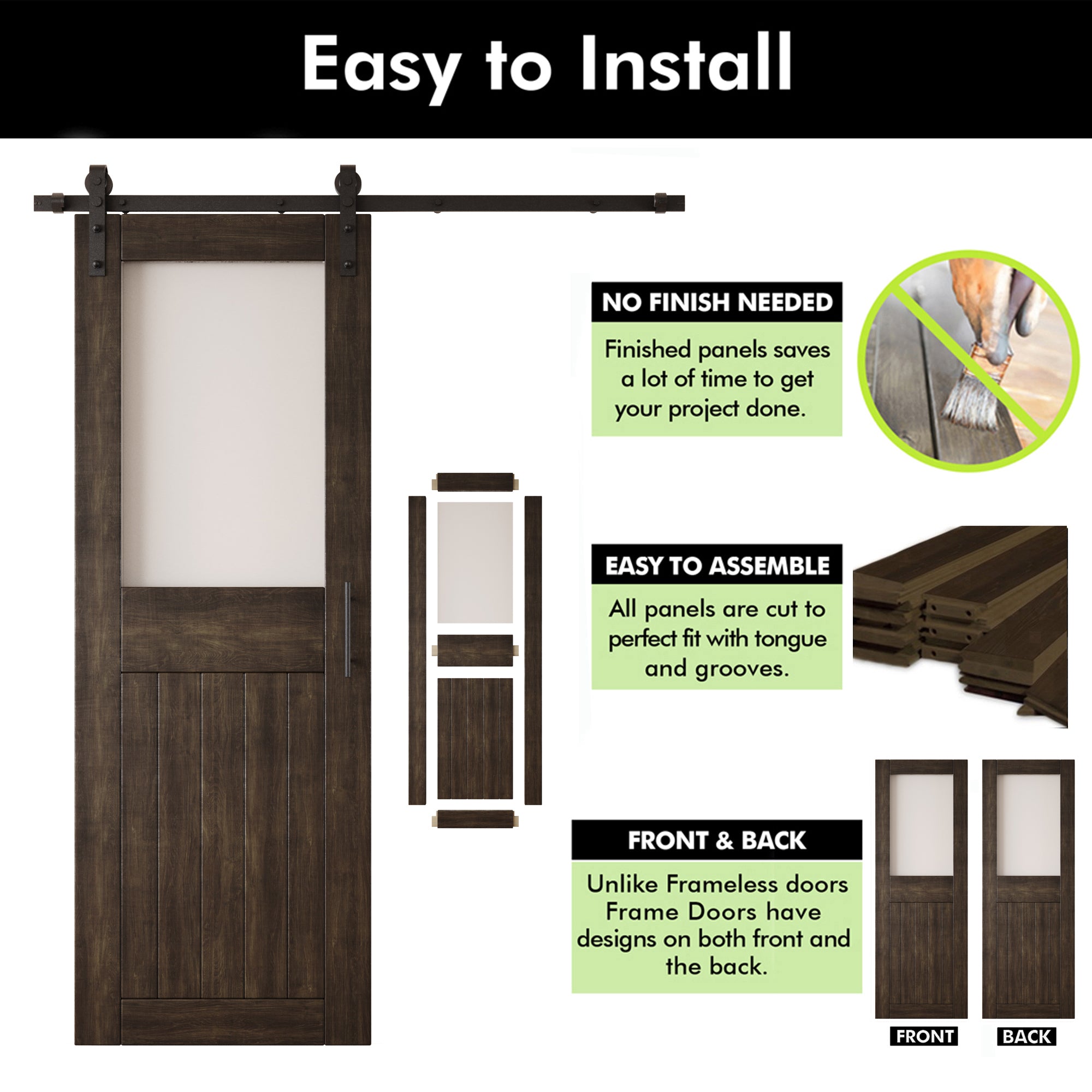 84" Height Ebony Half Lite Frosted Glass Unassembled & Finished Pine Wood Barn Door with Non-Bypass Installation Hardware Kit (Interior Use Only)