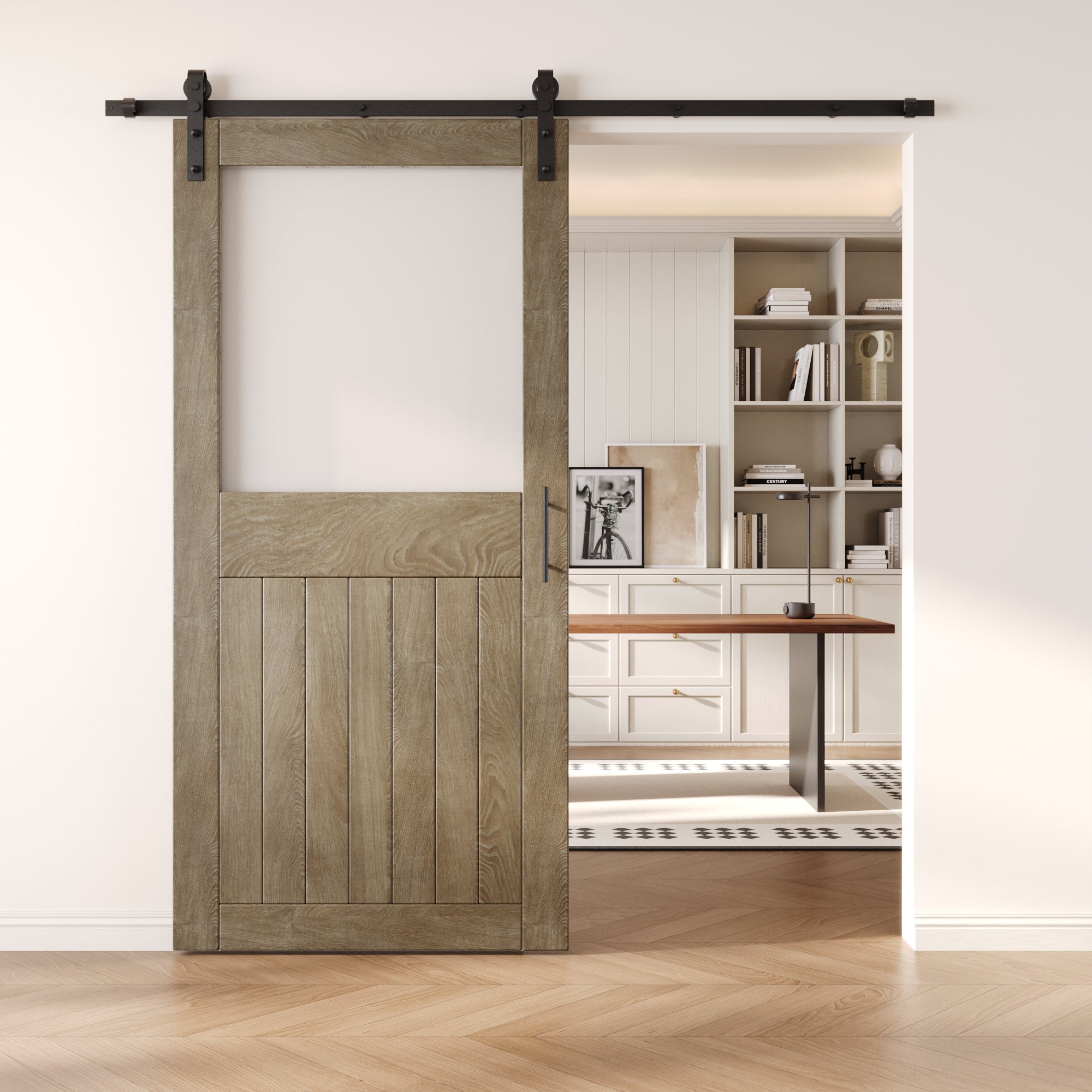 84" Height Classic Gray Half Lite Frosted Glass Unassembled & Finished Pine Wood Barn Door with Non-Bypass Installation Hardware Kit (Interior Use Only)