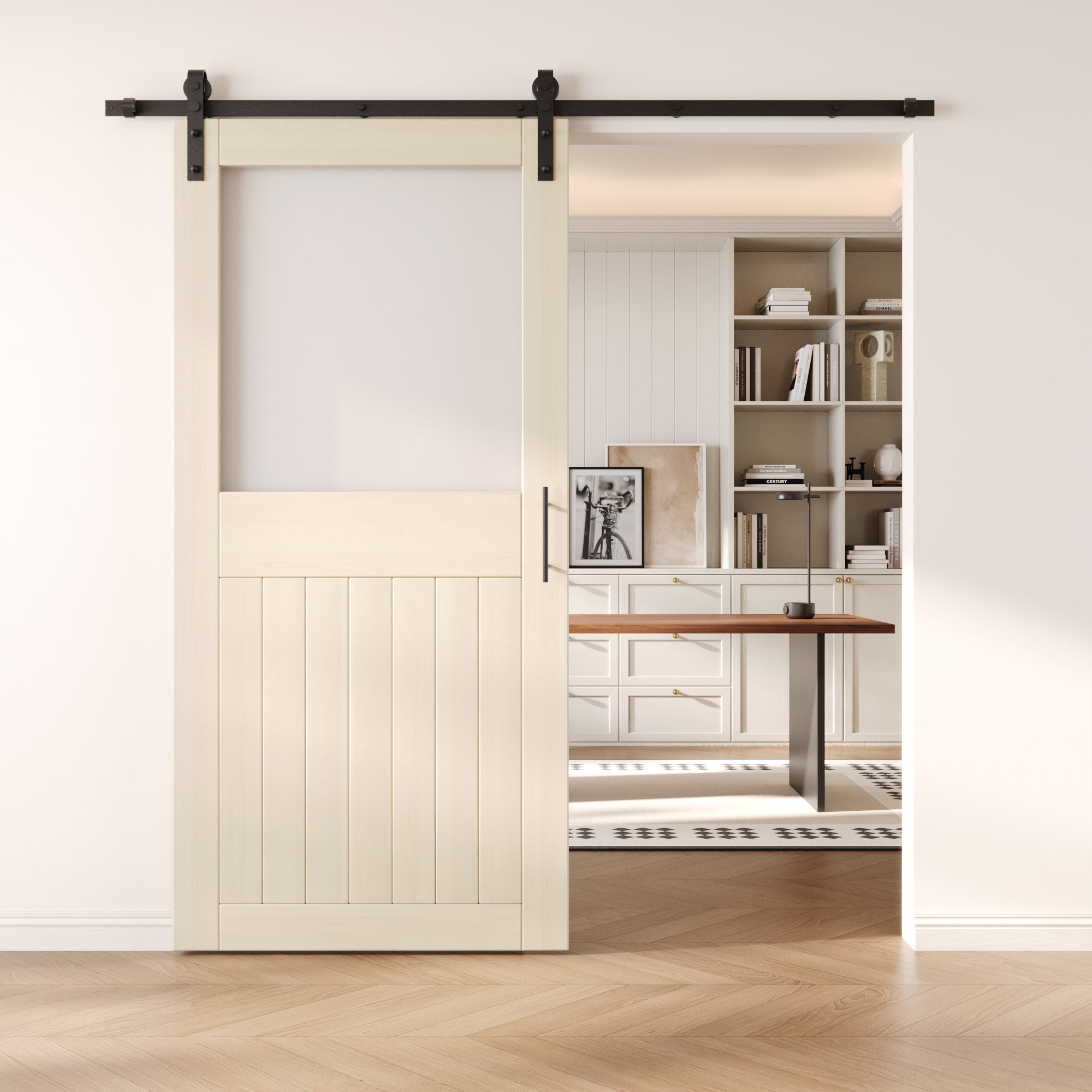 84" Height Tinsmith Gray Half Lite Frosted Glass Unassembled & Finished Pine Wood Barn Door with Non-Bypass Installation Hardware Kit (Interior Use Only)