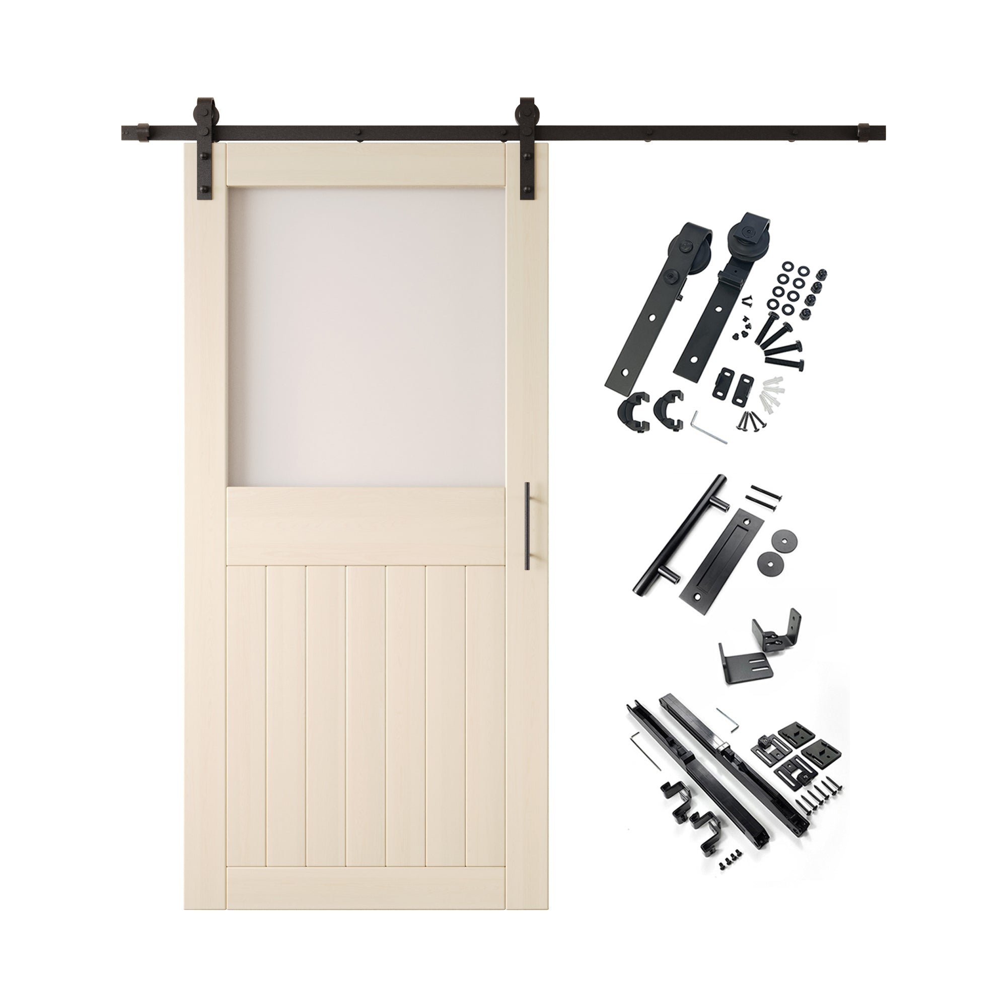 84" Height Tinsmith Gray Half Lite Frosted Glass Unassembled & Finished Pine Wood Barn Door with Non-Bypass Installation Hardware Kit (Interior Use Only)